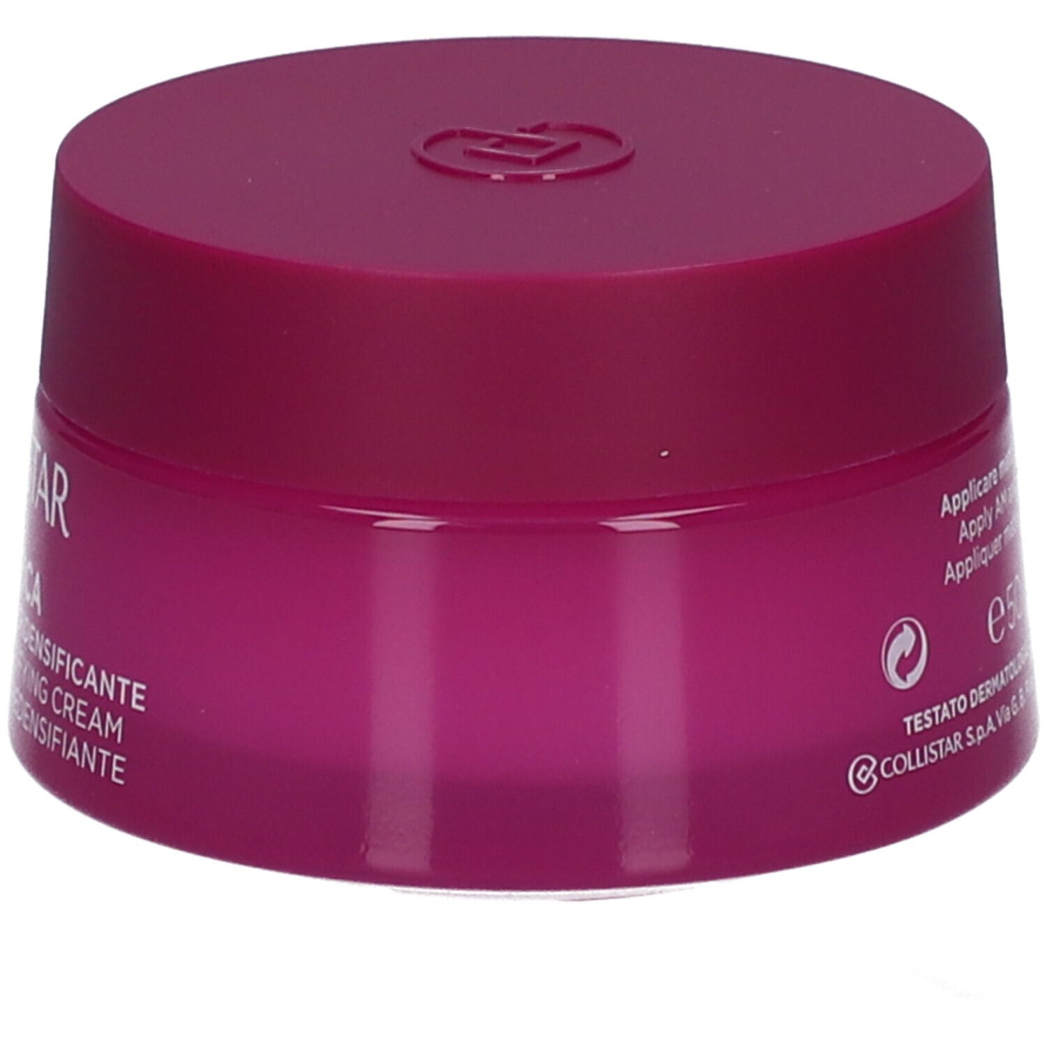 Pinkfarbener Creme-Tiegel. Aufschrift: COLLISTAR. Text: CREMA RIMPOLPANTE RIDENSIFICANTE. Dermatologisch getestet.