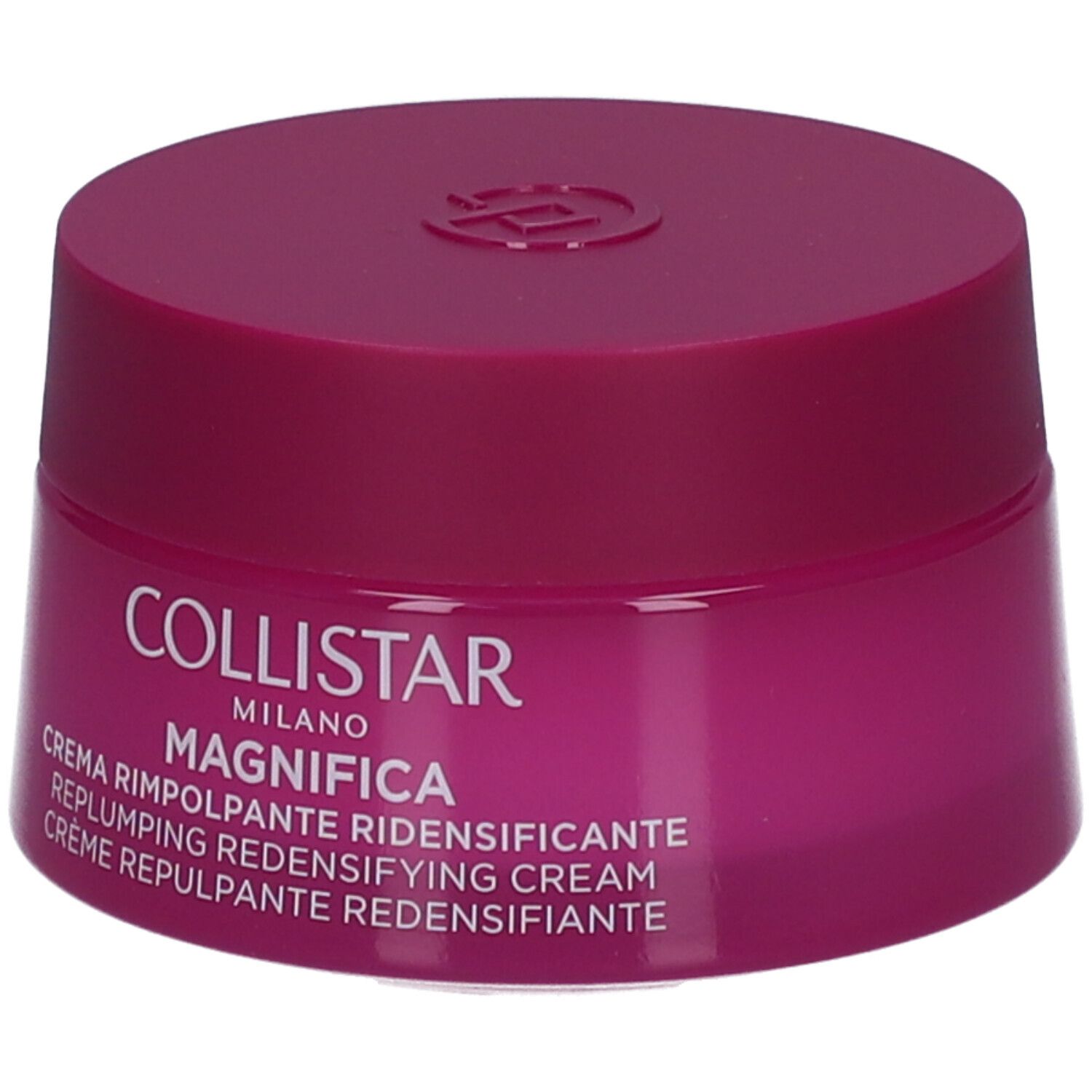 Pinkfarbener Creme-Tiegel. Aufschrift: COLLISTAR MILANO MAGNIFICA. Creme für Gesicht und Hals.