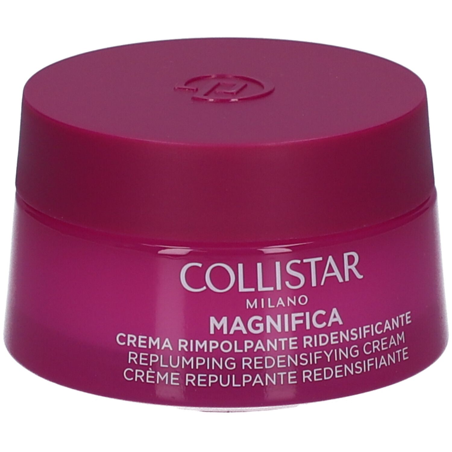 Pinkfarbener Creme-Tiegel. Aufschrift: COLLISTAR MILANO MAGNIFICA. Creme für Gesicht und Hals.
