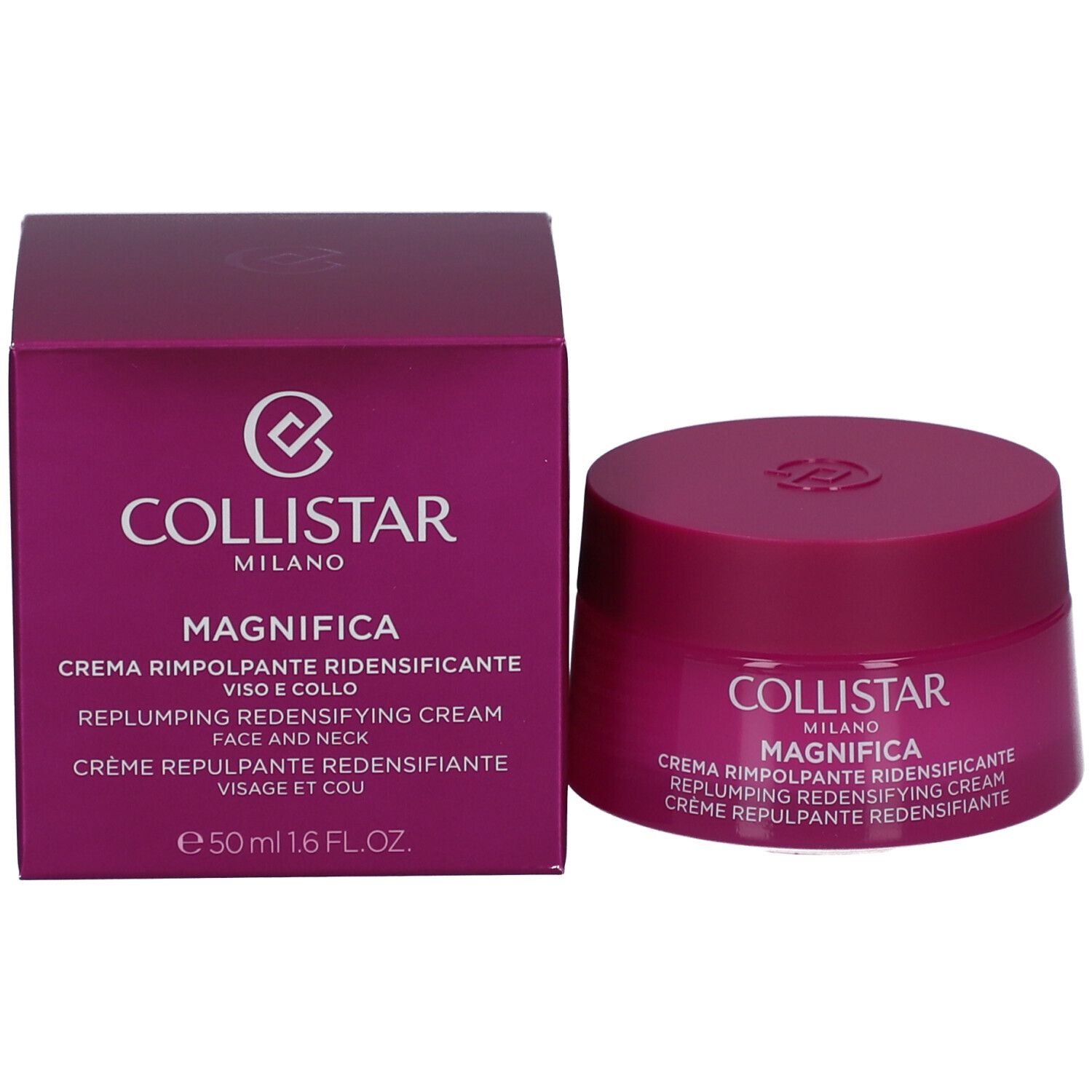 Creme-Tiegel und Schachtel. Aufschrift: COLLISTAR MAGNIFICA. Creme für Gesicht und Hals. 50 ml.