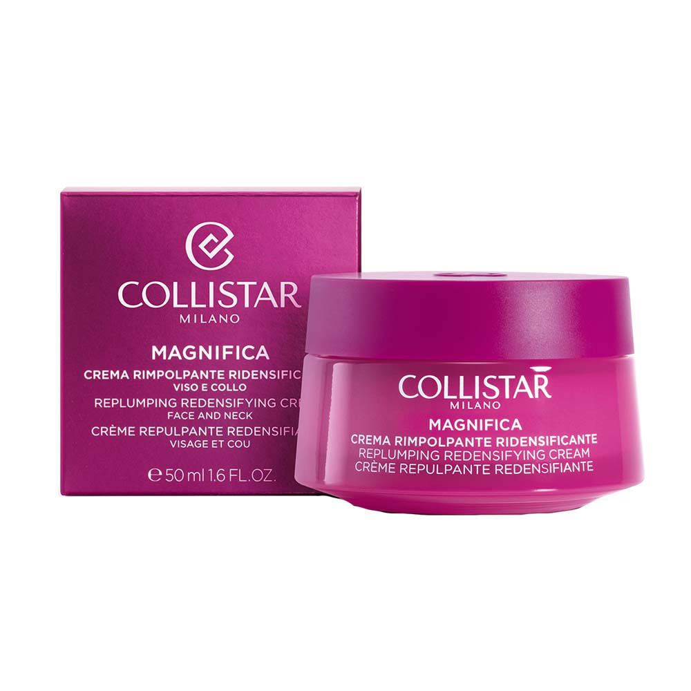 Pot de crème et boîte. Inscription : COLLISTAR MAGNIFICA. Crème pour le visage et le cou. 50 ml.