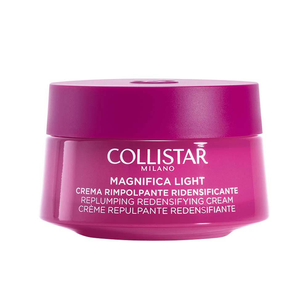 Pot de crème avec couvercle. Inscription : Collistar Milano, Magnifica Light, Crème Repulpante Redensifiante.
