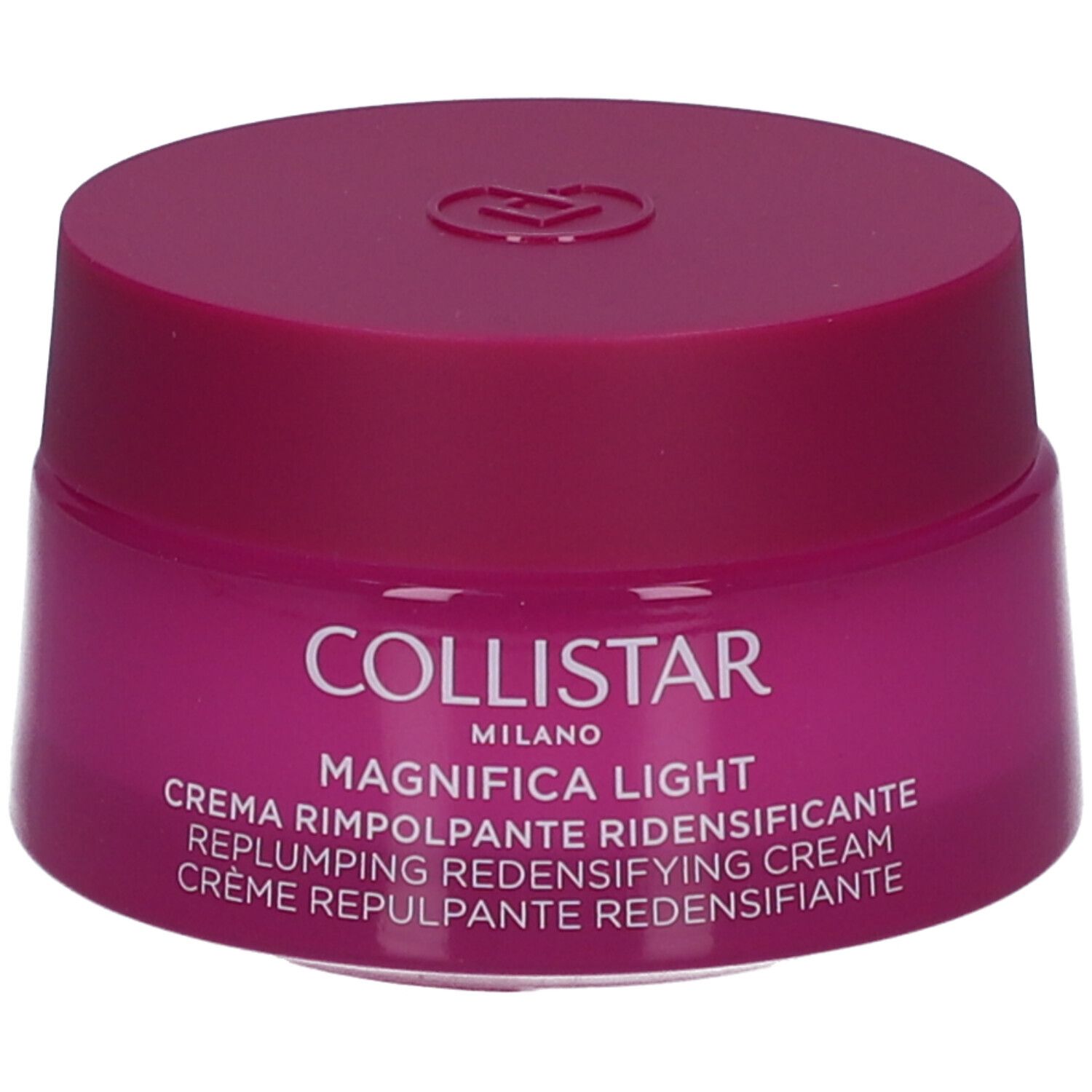 Pot de crème avec couvercle. Inscription : Collistar Milano, Magnifica Light, Crème Repulpante Redensifiante.