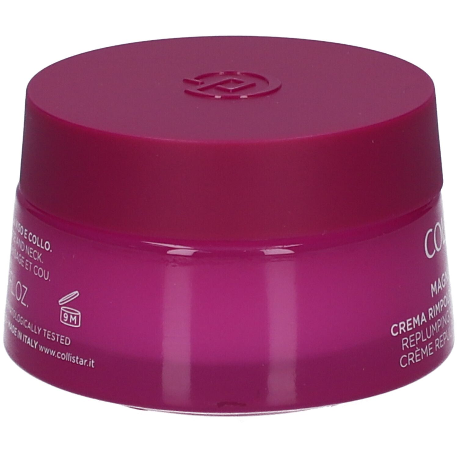 Pot de crème avec couvercle. Inscription : Collistar Milano, Magnifica Light, Crème Repulpante Redensifiante.