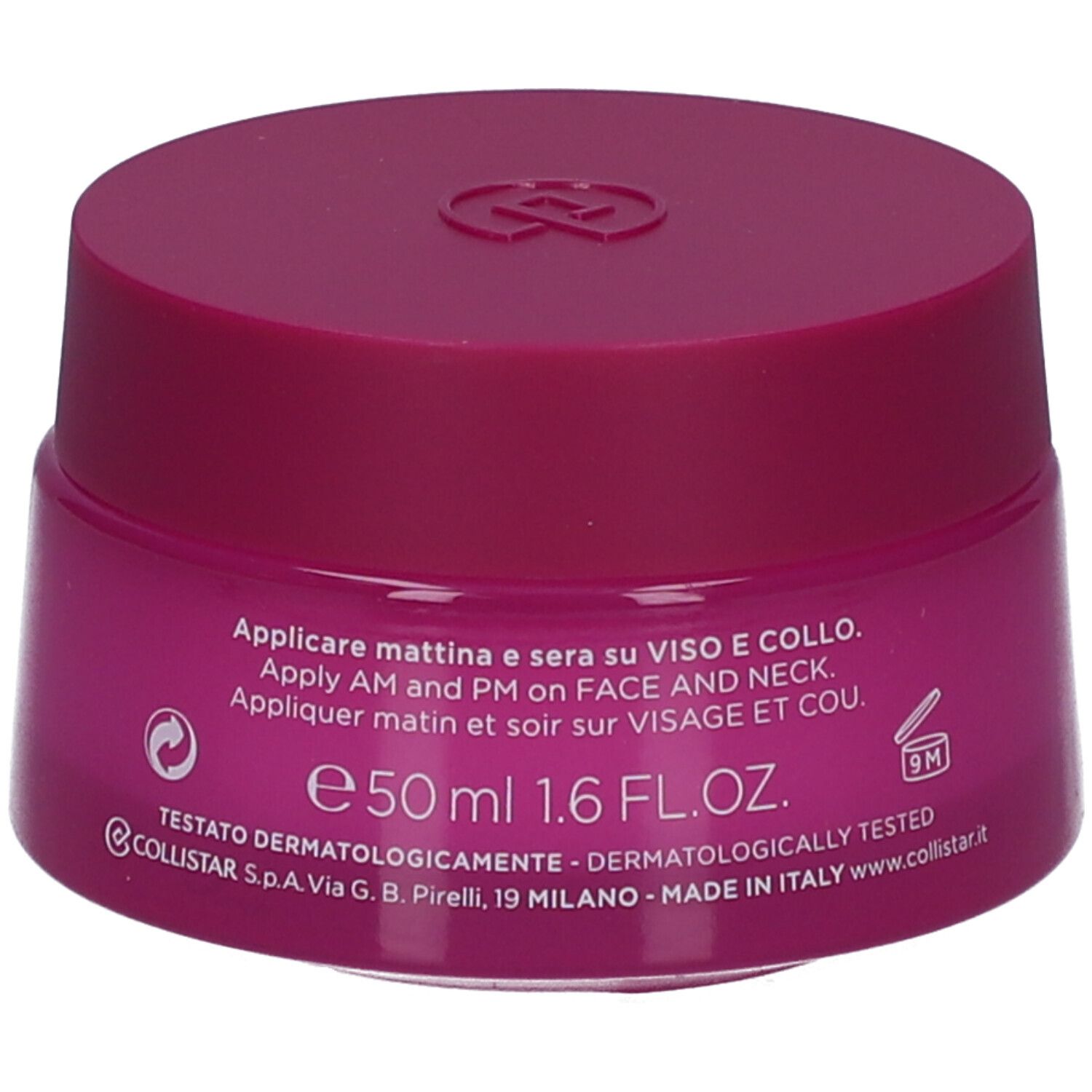 Pot de crème avec couvercle. Inscription : Collistar Milano, Magnifica Light, Crème Repulpante Redensifiante.