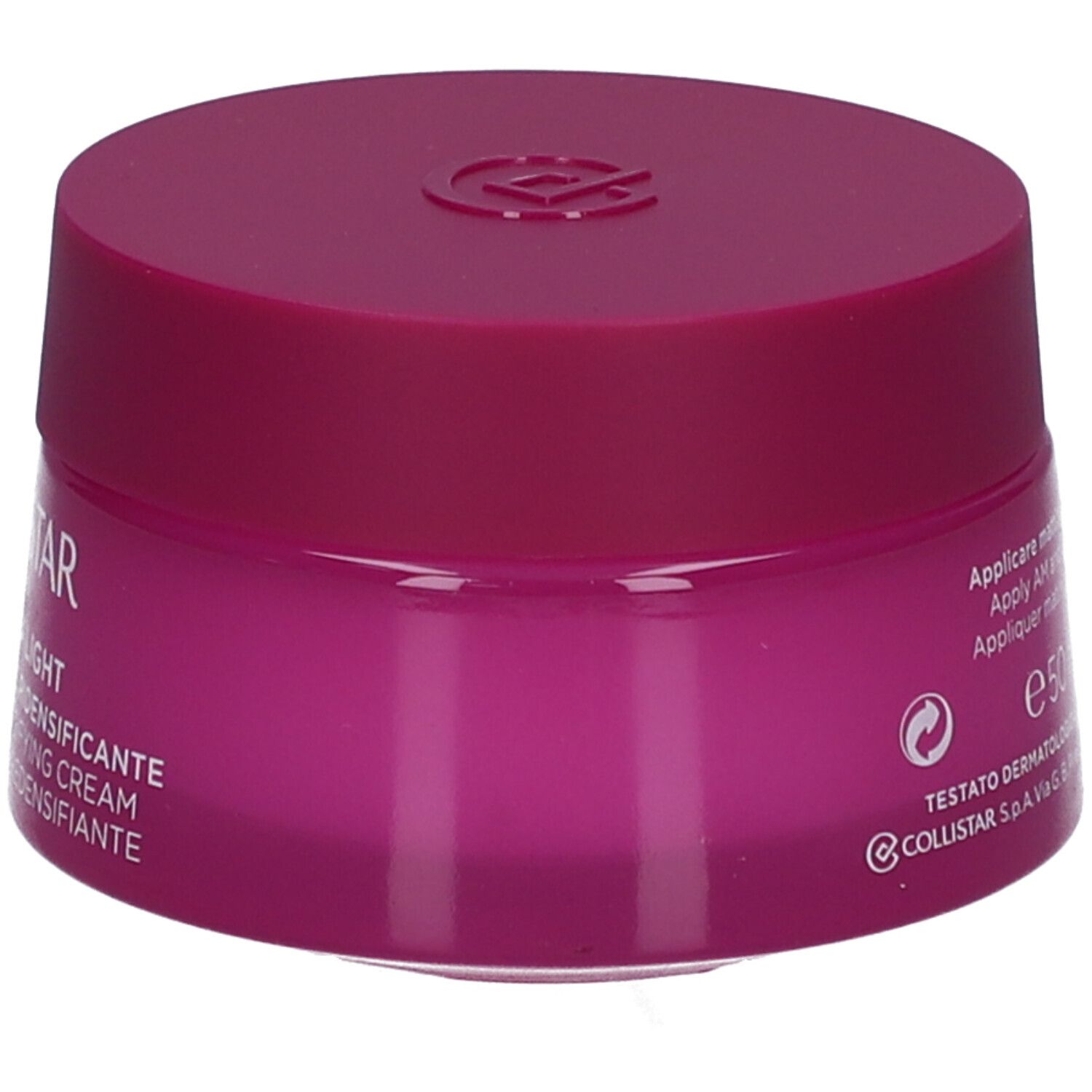 Pot de crème avec couvercle. Inscription : Collistar Milano, Magnifica Light, Crème Repulpante Redensifiante.