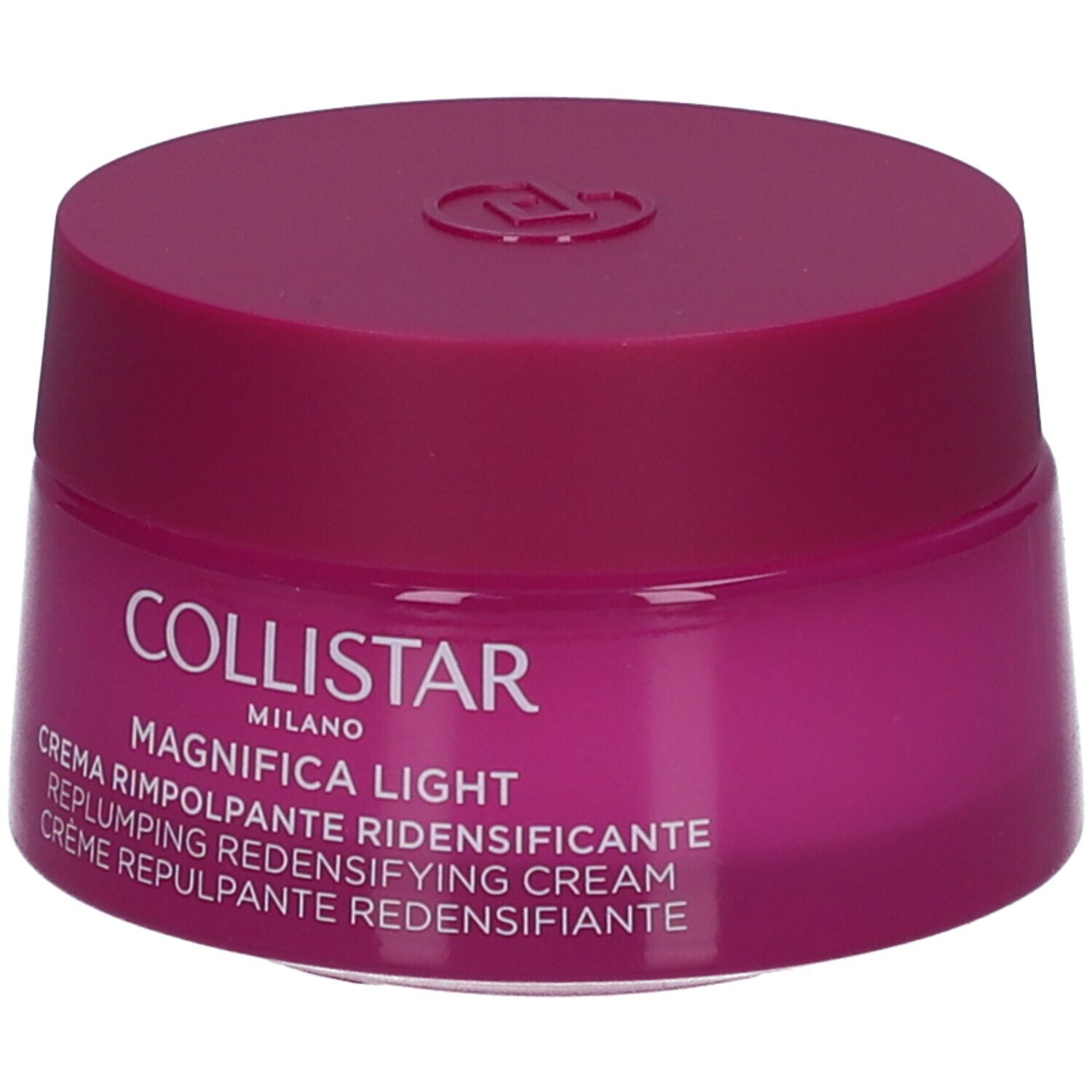 Pot de crème avec couvercle. Inscription : Collistar Milano, Magnifica Light, Crème Repulpante Redensifiante.