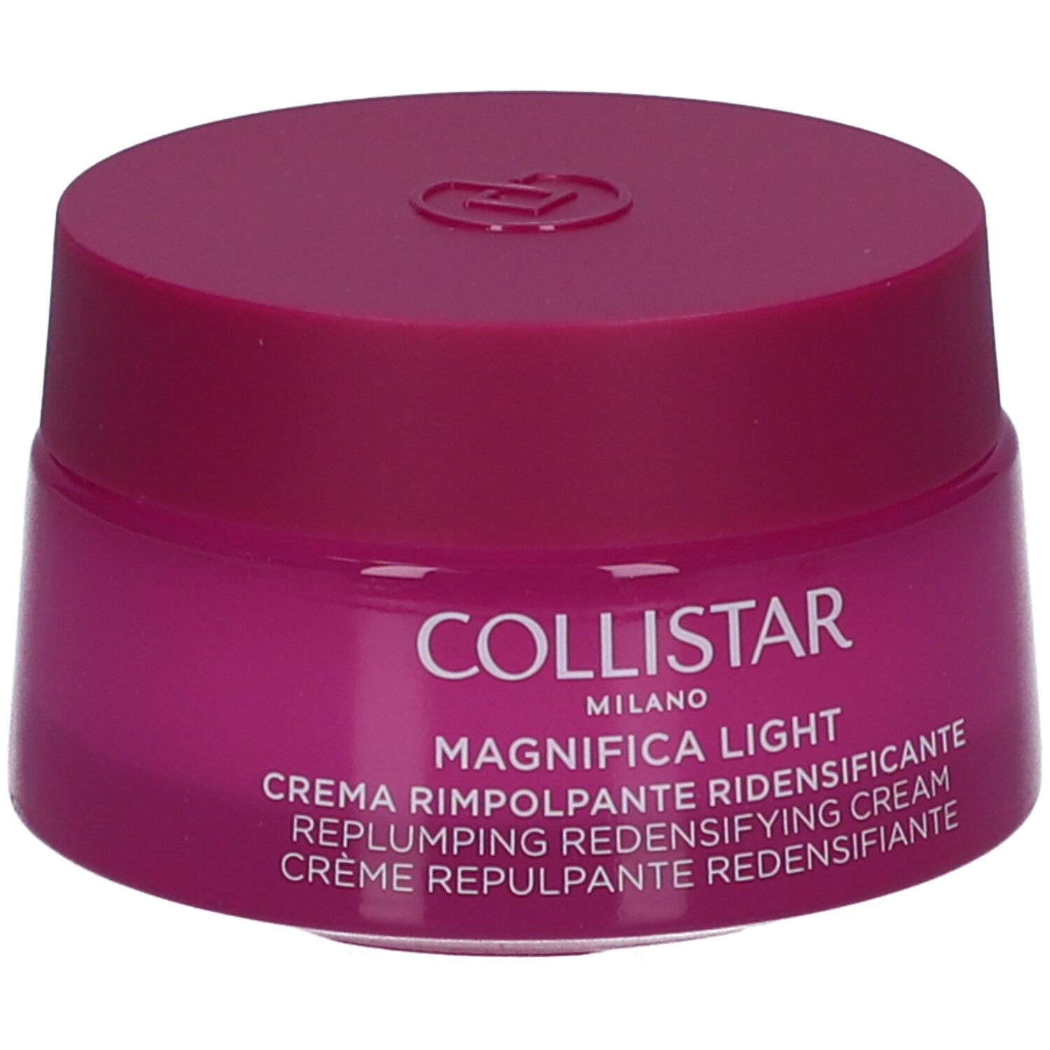 Pot de crème avec couvercle. Inscription : Collistar Milano, Magnifica Light, Crème Repulpante Redensifiante.