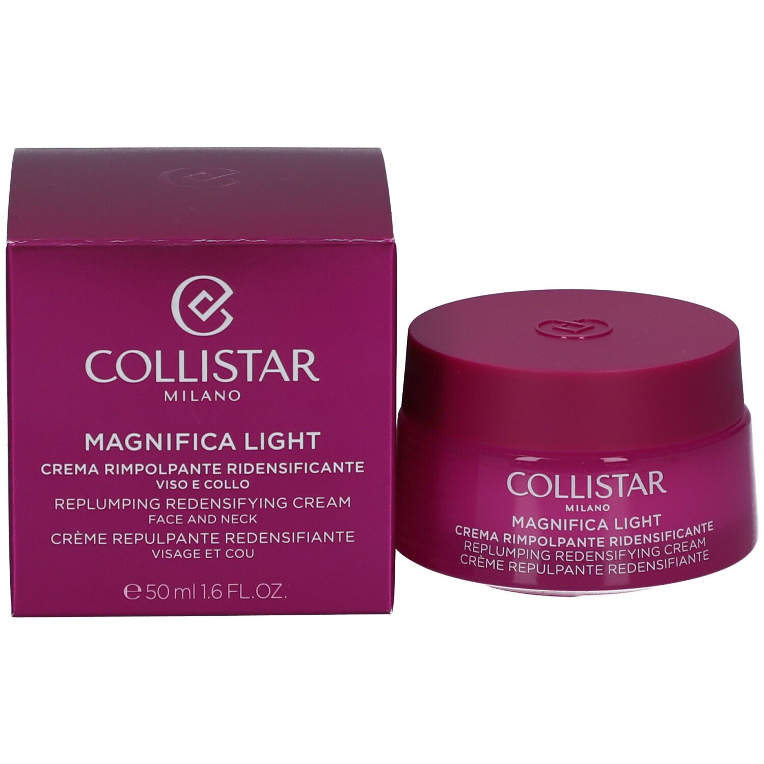 Pot de crème et boîte. Inscription : Collistar Milano, Magnifica Light, Crème Repulpante Redensifiante.