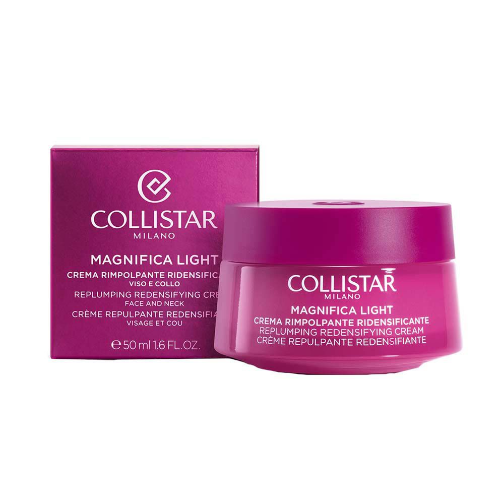 Pot de crème et boîte. Inscription : Collistar Milano, Magnifica Light, Crème Repulpante Redensifiante.