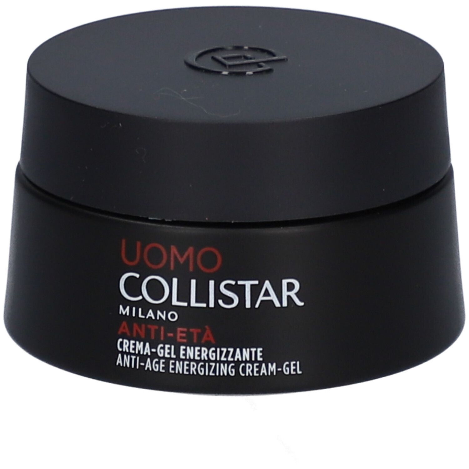 Pot noir avec couvercle. Inscription: Uomo Collistar Milano, Anti-Età, Crème-Gel Energizzante.