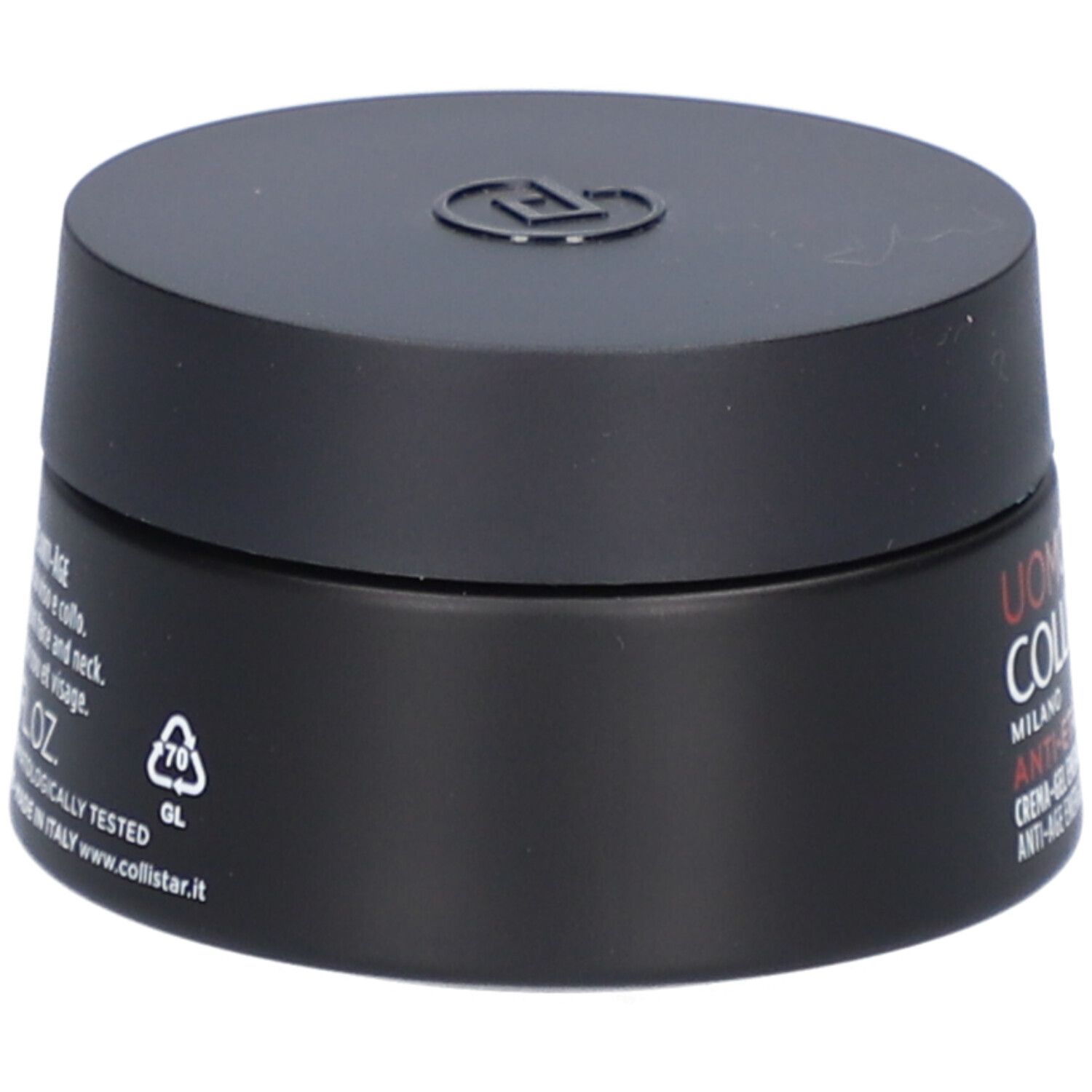 Pot noir avec couvercle. Inscription: Uomo Collistar Milano, Anti-Età, Crème-Gel Energizzante.