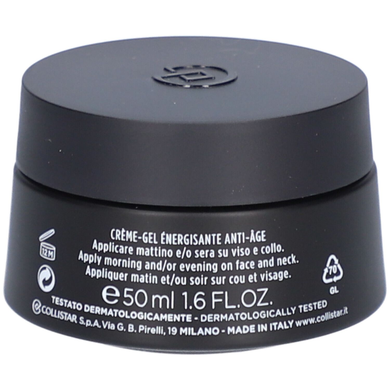 Pot noir avec couvercle. Inscription: Crème-Gel Energizzante Anti-Âge, 50 ml, 1.6 FL.OZ.