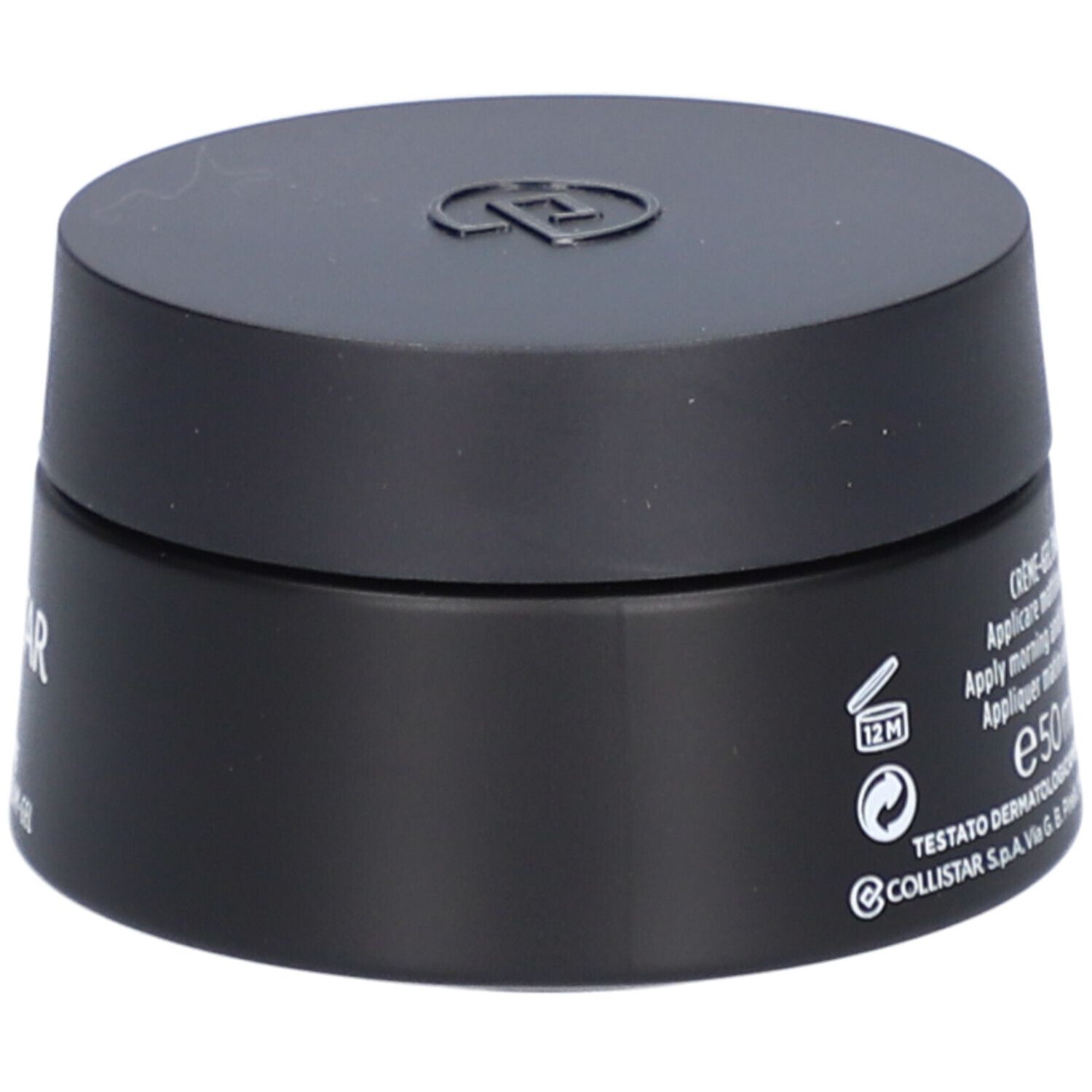 Pot noir avec couvercle. Inscription: Crème-Gel Energizzante Anti-Âge, 50 ml, 1.6 FL.OZ.