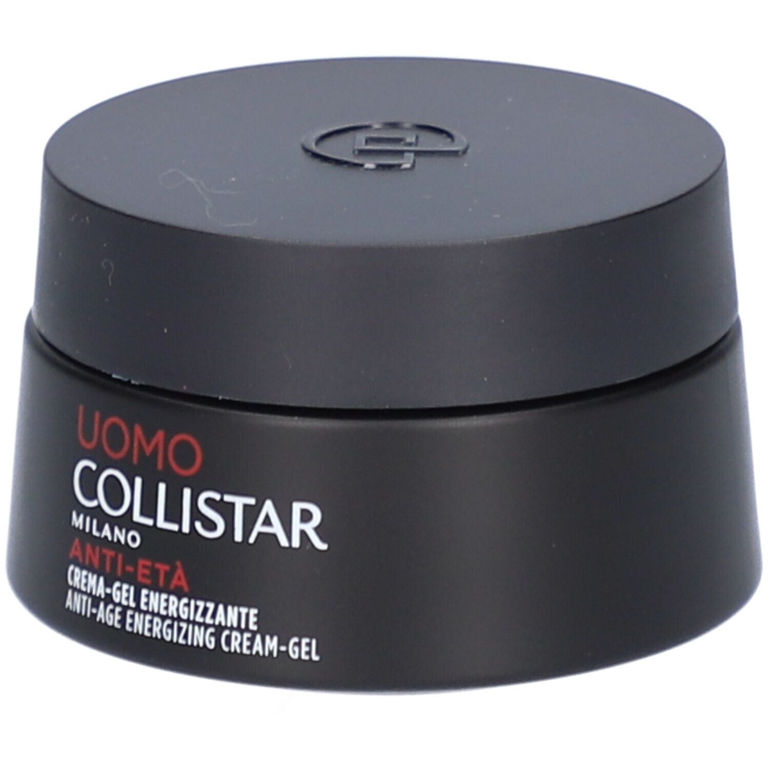 Pot noir avec couvercle. Inscription: Uomo Collistar Milano, Anti-Età, Crème-Gel Energizzante.