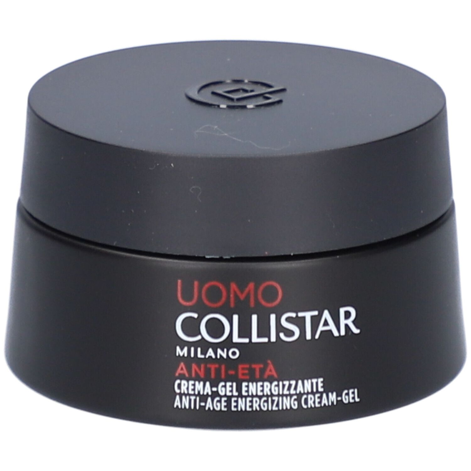 Pot noir avec couvercle. Inscription: Uomo Collistar Milano, Anti-Età, Crème-Gel Energizzante.