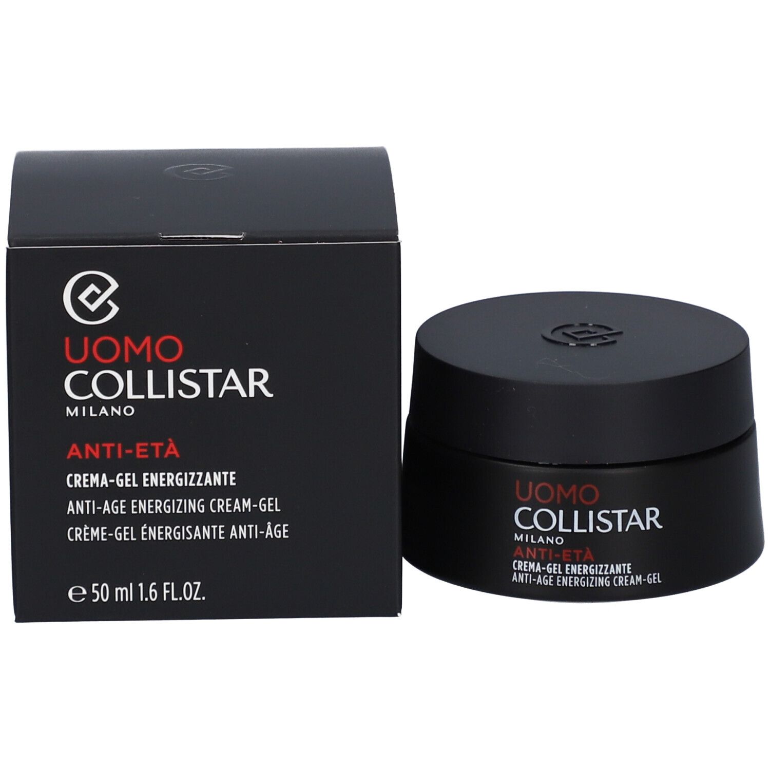 Boîte et pot noirs. Inscription: Uomo Collistar Milano, Anti-Età, Crème-Gel Energizzante, 50 ml.