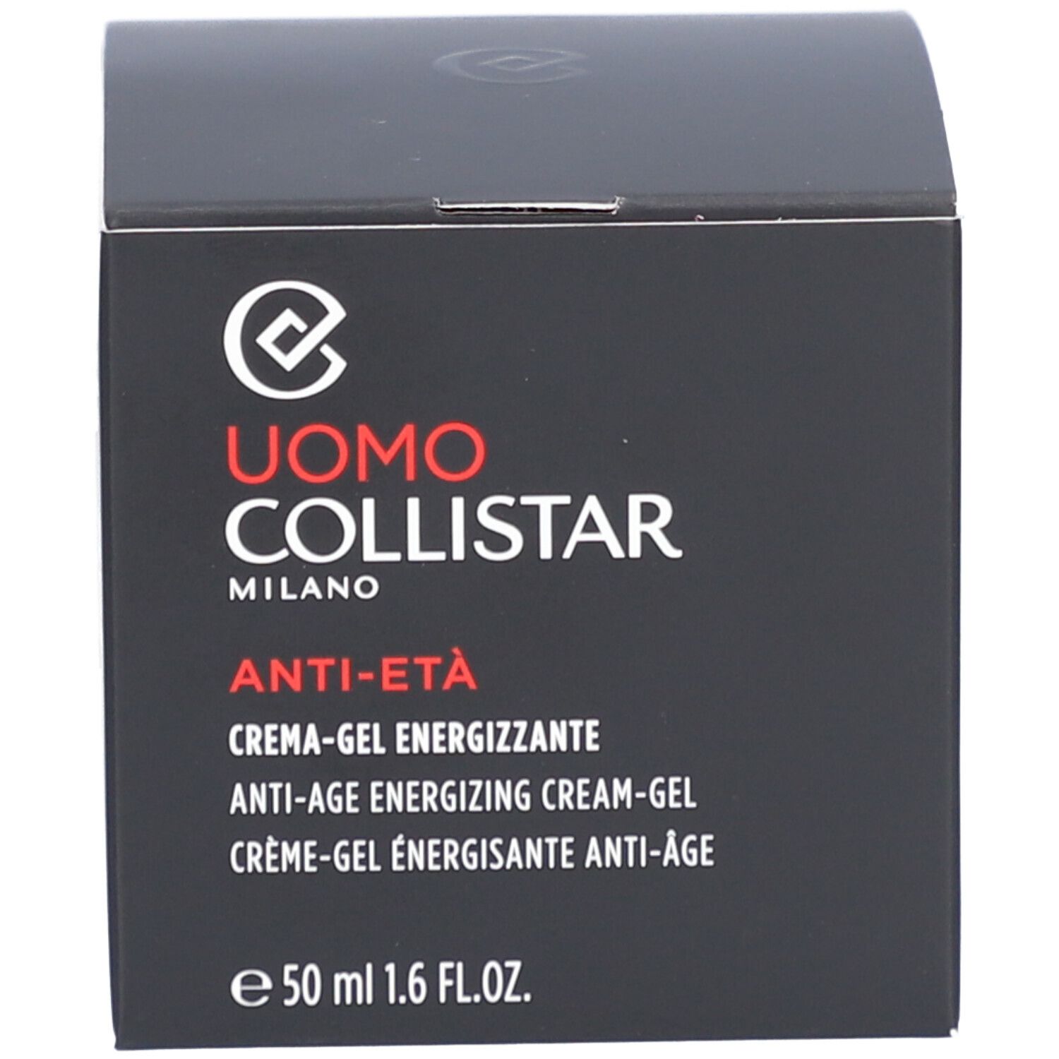 Boîte noire. Inscription: Uomo Collistar Milano, Anti-Età, Crème-Gel Energizzante, 50 ml.