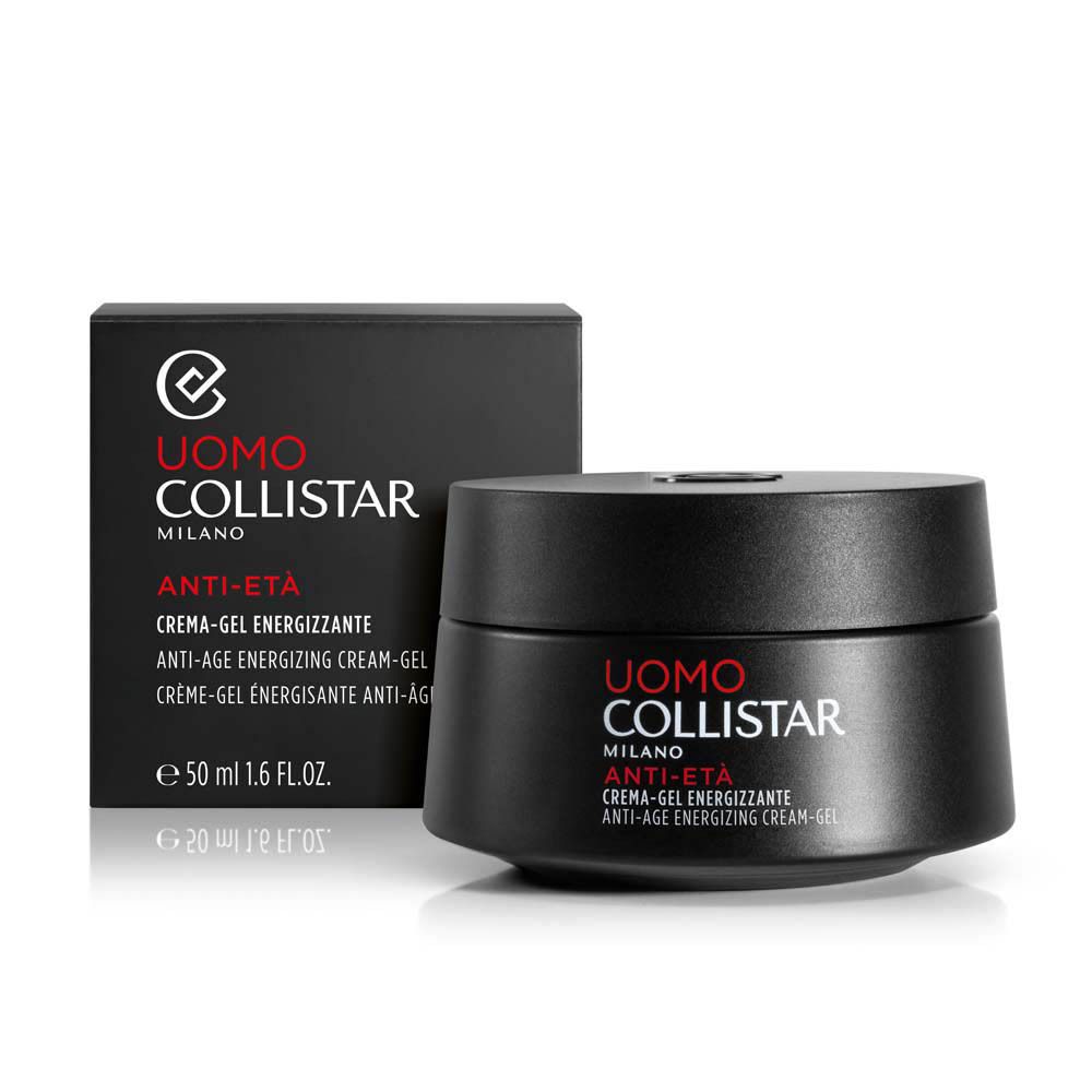Boîte et pot noirs. Inscription: Uomo Collistar Milano, Anti-Età, Crème-Gel Energizzante, 50 ml.