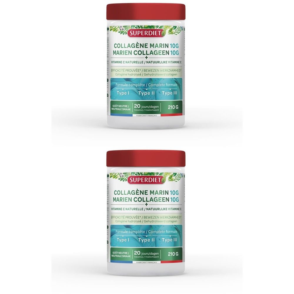 Zwei weiße Behälter mit rotem Deckel. Aufschrift: Superdiet Collagène Marin 10G. Enthält Vitamin C. 210g.