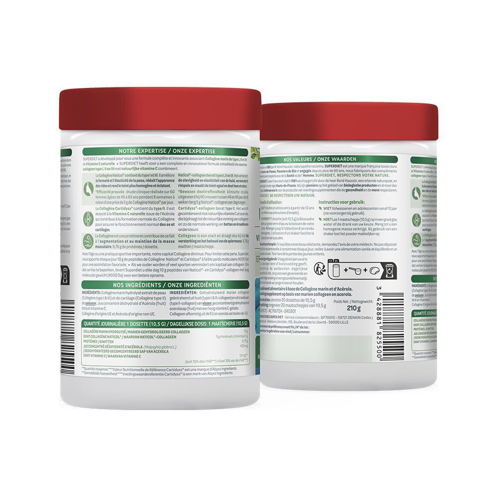 Rückseite der Super Diet Kollagenpulver Dose mit Nährwertangaben und Inhaltsstoffen.