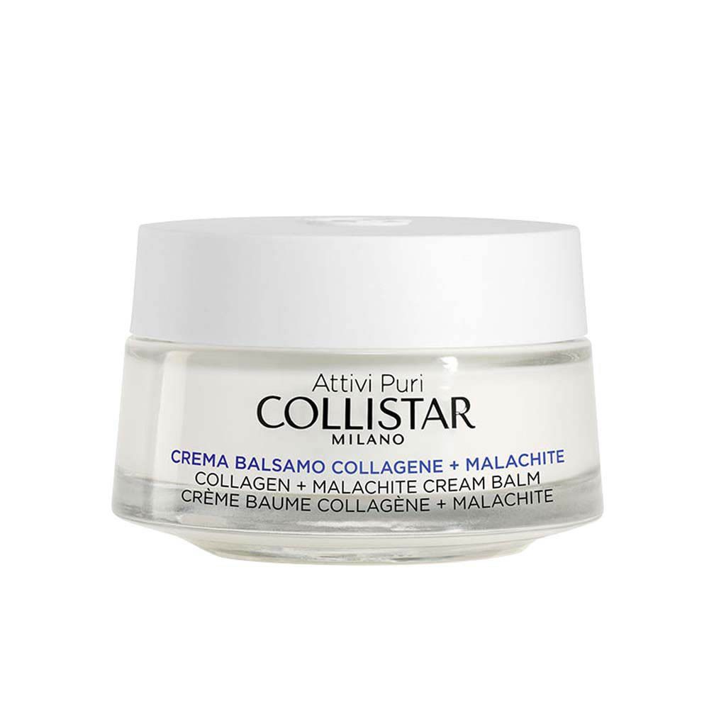 Pot de crème-baume avec couvercle blanc. Inscription : COLLISTAR, MILAN. Nom du produit et ingrédients.