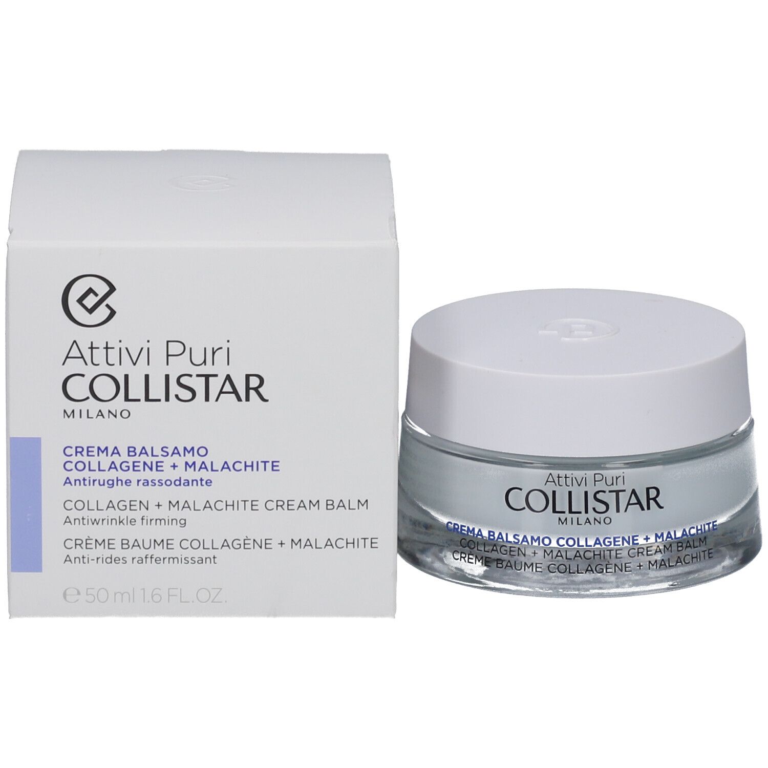 Creme-Balsam-Tiegel und Verpackung. Aufschrift: COLLISTAR, MILANO. Produktname und Inhaltsstoffe.
