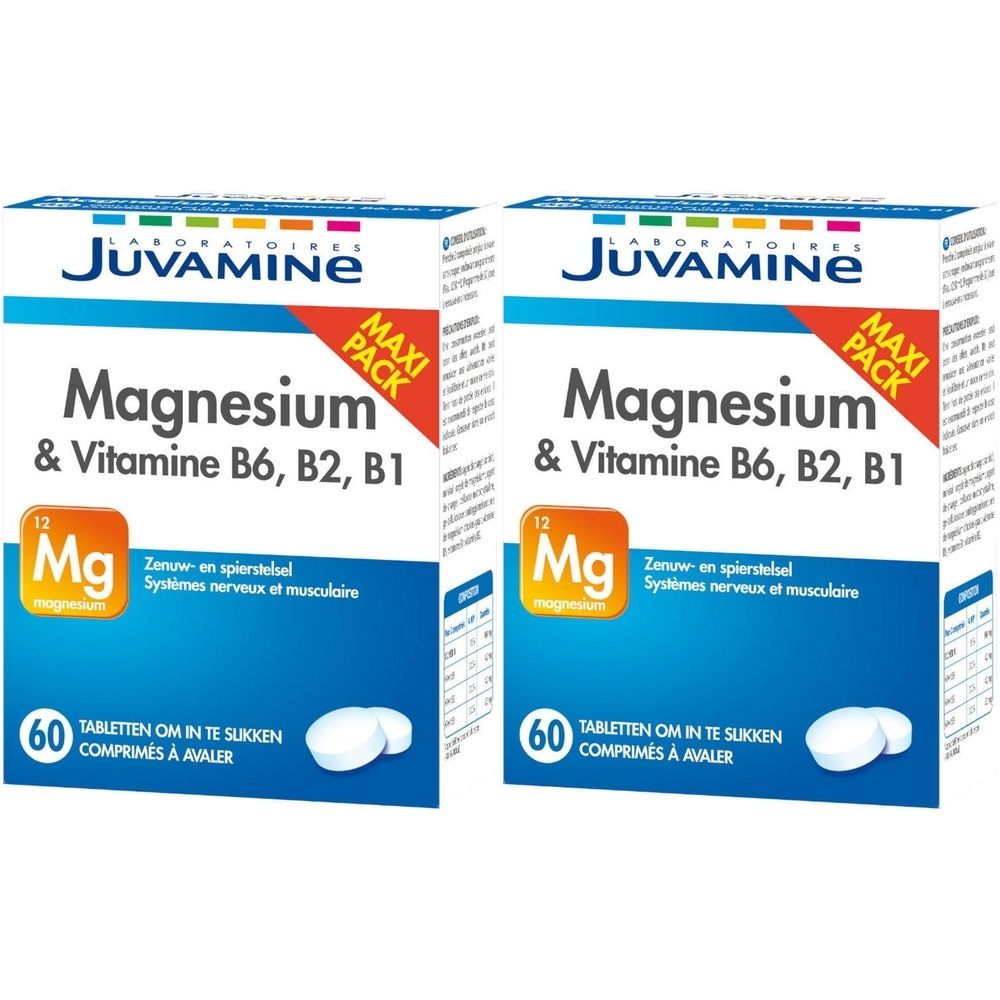 Deux boîtes de Juvamine Magnésium & Vitamine B6, B2, B1. Emballage bleu avec texte blanc. Contient 60 comprimés.