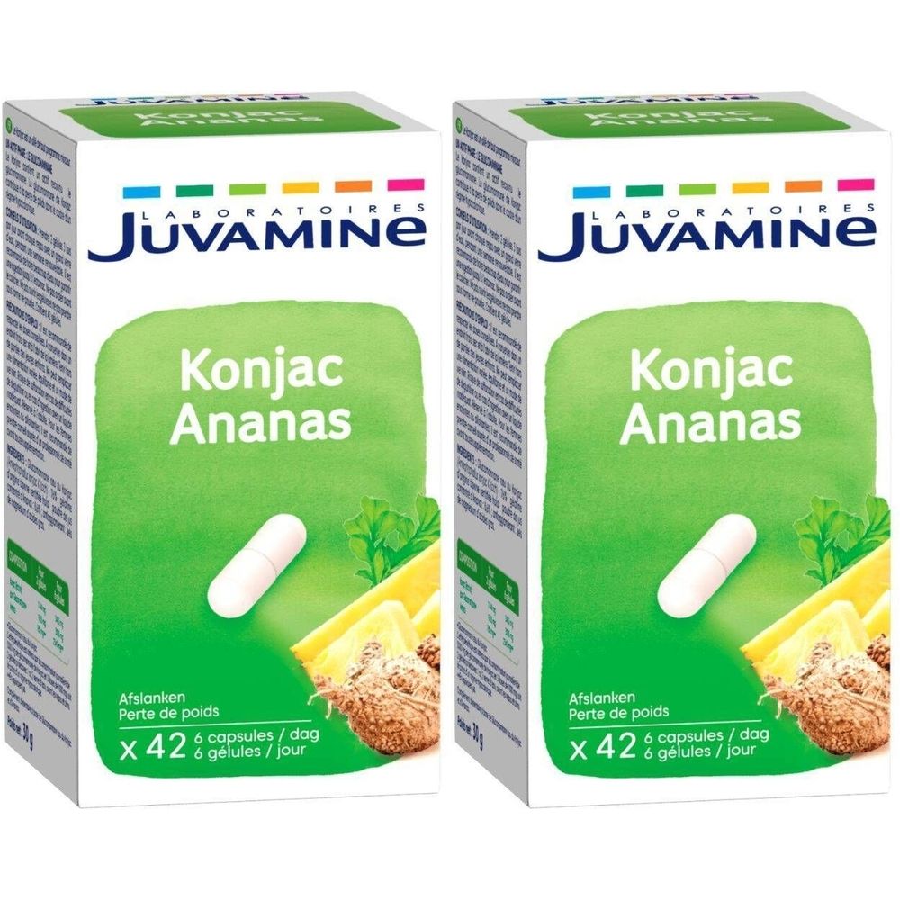 Zwei Schachteln Juvamine Konjac Ananas. Auf jeder Schachtel: Konjac Ananas, eine Kapsel, Ananas-Illustration, Text.