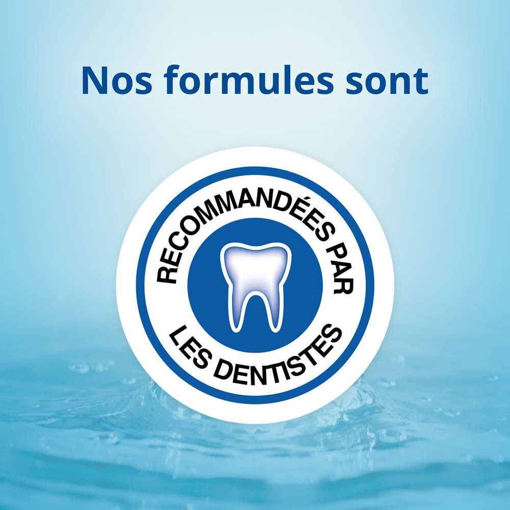 Fond bleu avec de l'eau. Texte: Cliniquement prouvé. Pour combattre la mauvaise haleine pendant 12 heures.
