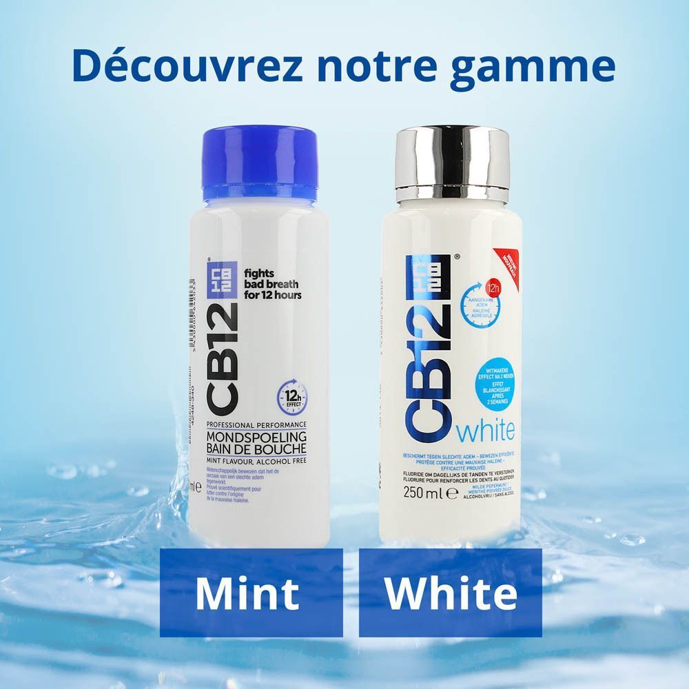Deux flacons de bain de bouche CB12®: Mint et White. Bouchons bleus et argentés. Texte: Mint, White.