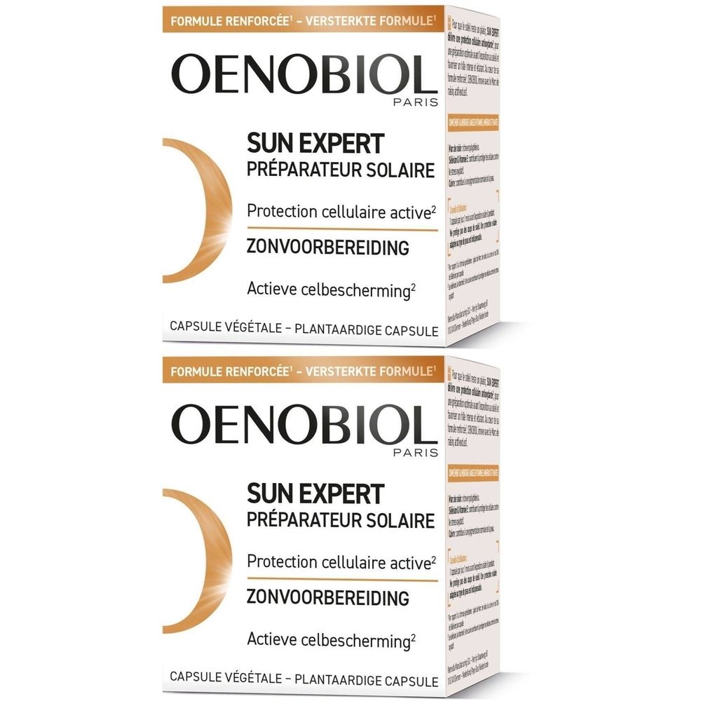 Deux boîtes Oenobiol Sun Expert. Texte: Formule renforcée, Préparateur solaire, Protection cellulaire active.