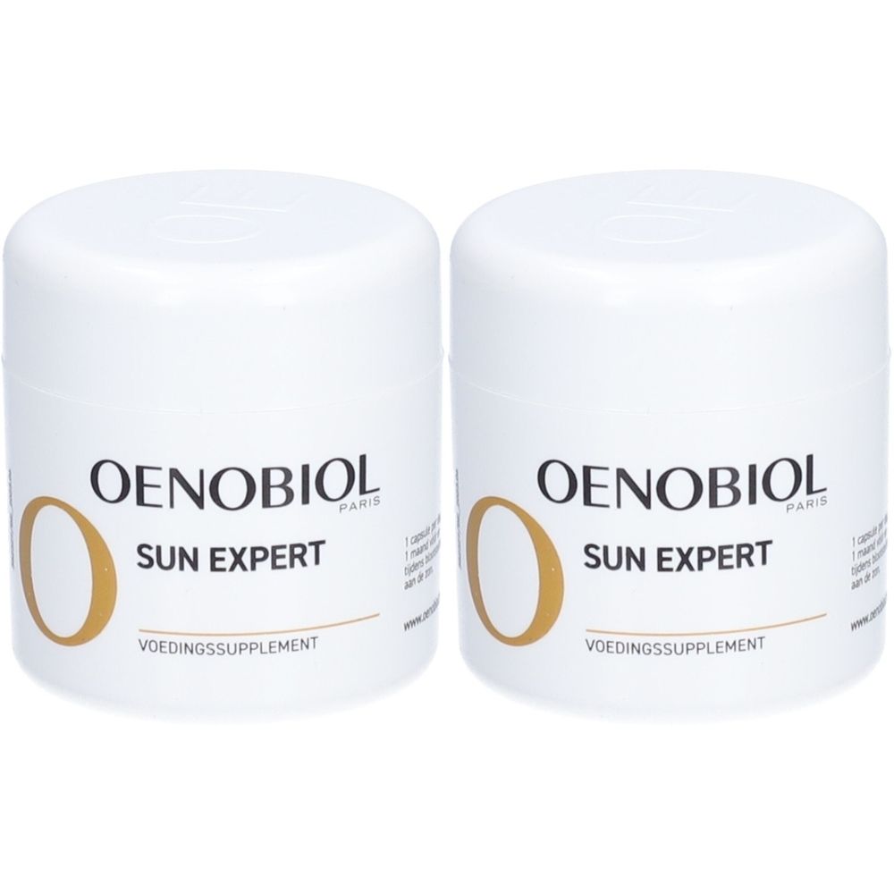 Zwei weiße Dosen mit dem Aufdruck Oenobiol Sun Expert. Aufschrift: Voedingssupplement.
