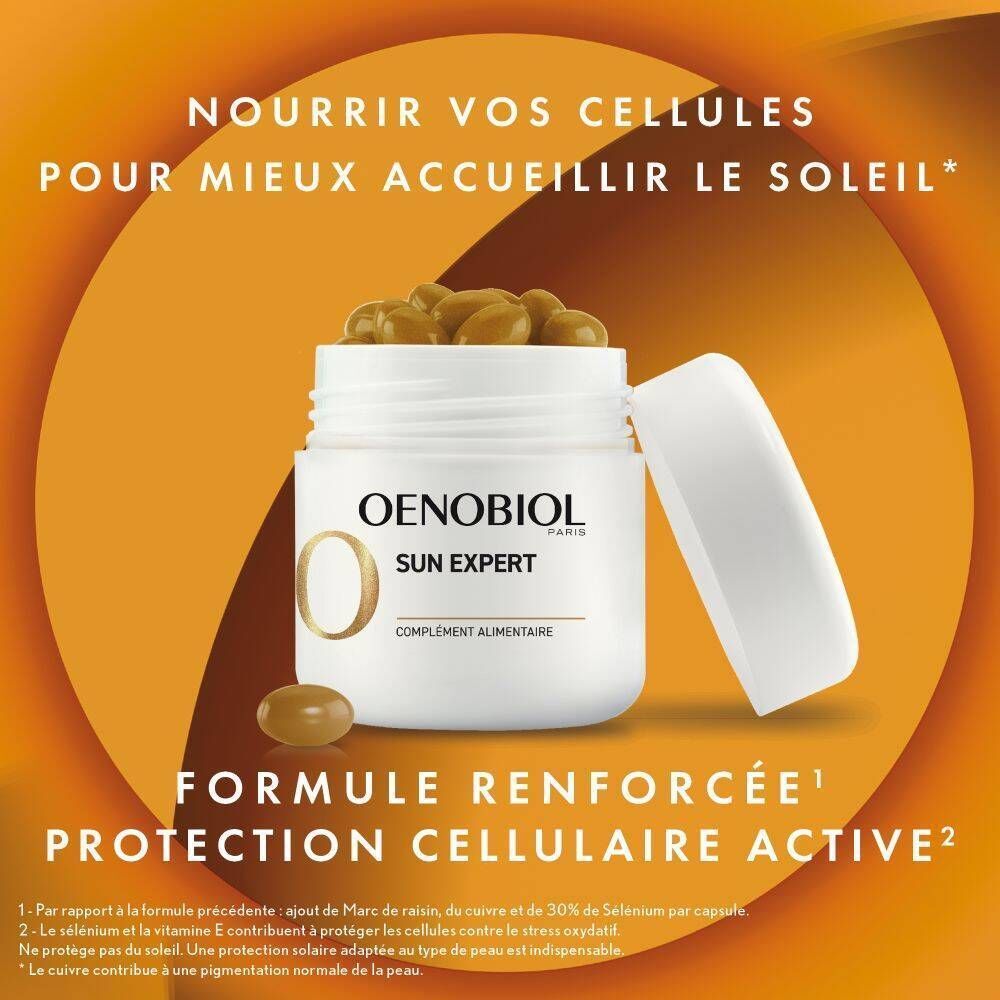 Pot blanc Oenobiol Sun Expert, couvercle ouvert, gélules. Texte : Formule Renforcée, Protection cellulaire active.