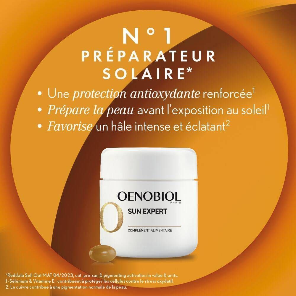 Pot blanc Oenobiol Sun Expert, gélule à côté. Texte : N°1 Préparateur Solaire.