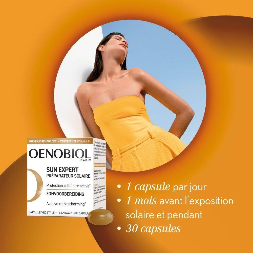 Femme en robe jaune, à côté d'un paquet Oenobiol Sun Expert. Texte : 1 gélule par jour, 30 gélules.