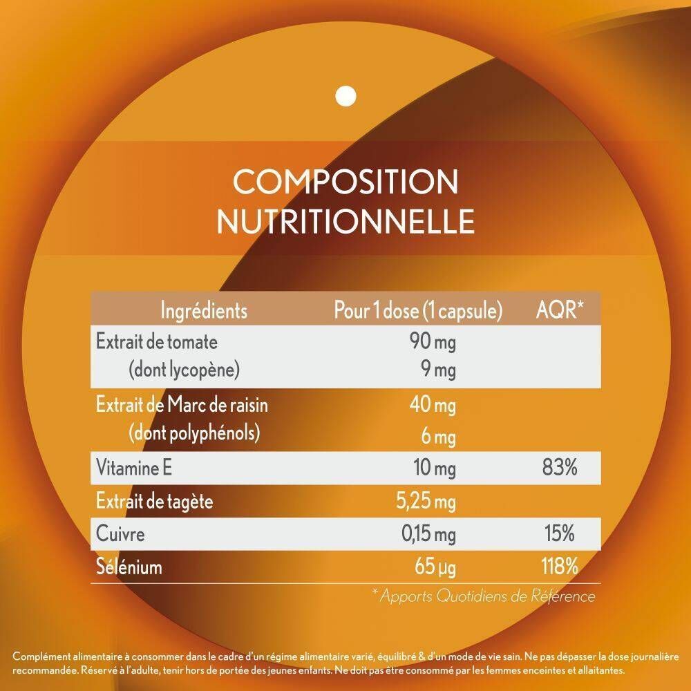 Tableau nutritionnel. Texte : Extrait de tomate, Vitamine E, Cuivre, Sélénium. AQR*.