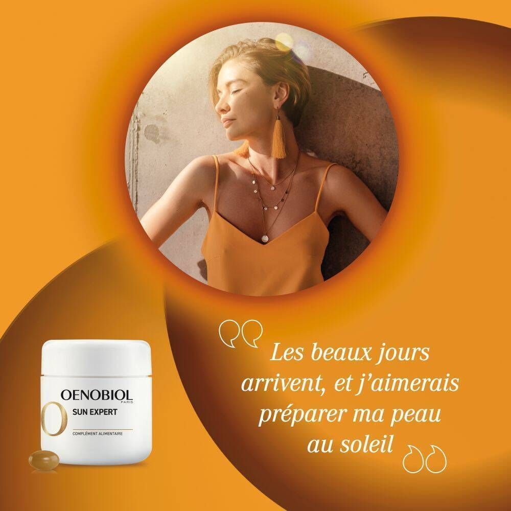 Femme avec pot Oenobiol Sun Expert. Texte : Les beaux jours arrivent, et j'aimerais préparer ma peau au soleil.