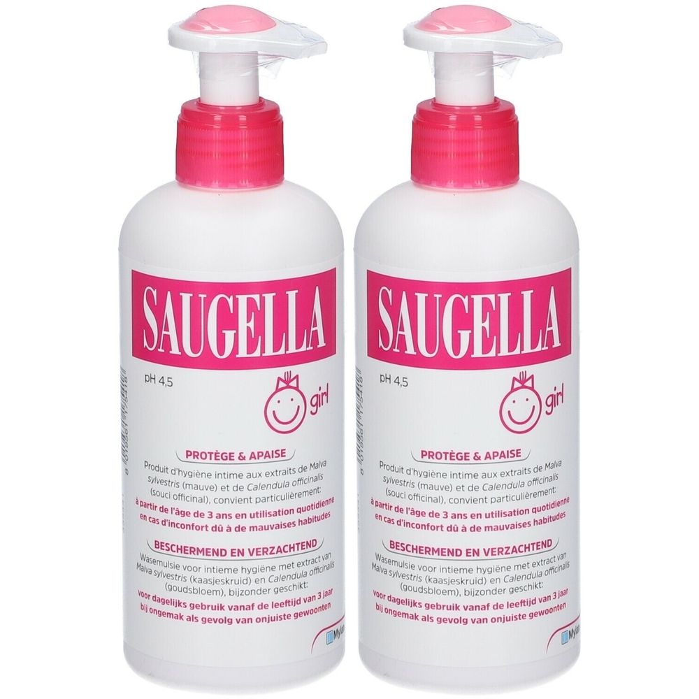 Deux flacons blancs avec étiquette rose et pompe doseuse. Inscription : SAUGELLA girl, pH 4.5. Texte en français et néerlandais.