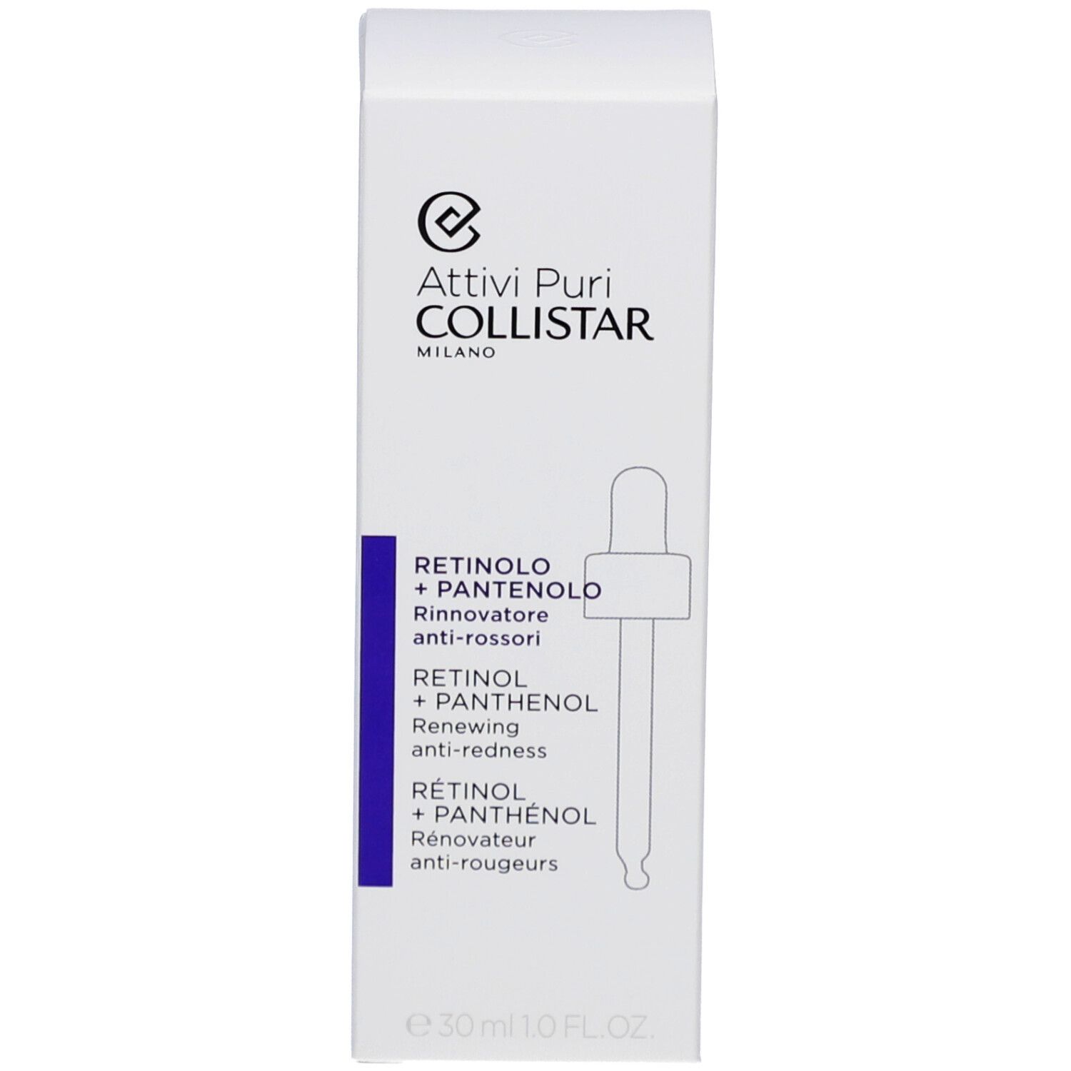 Emballage blanc avec inscription : Collistar, Rétinol + Panthénol. Illustration d'une pipette.