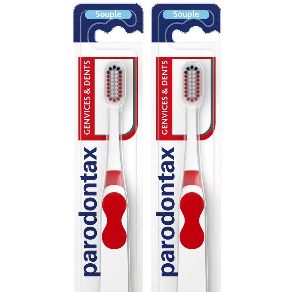 Deux brosses à dents en emballage. Manche blanc avec insert rouge, tête rouge. Inscription : parodontax. Avec autocollant 1+1.