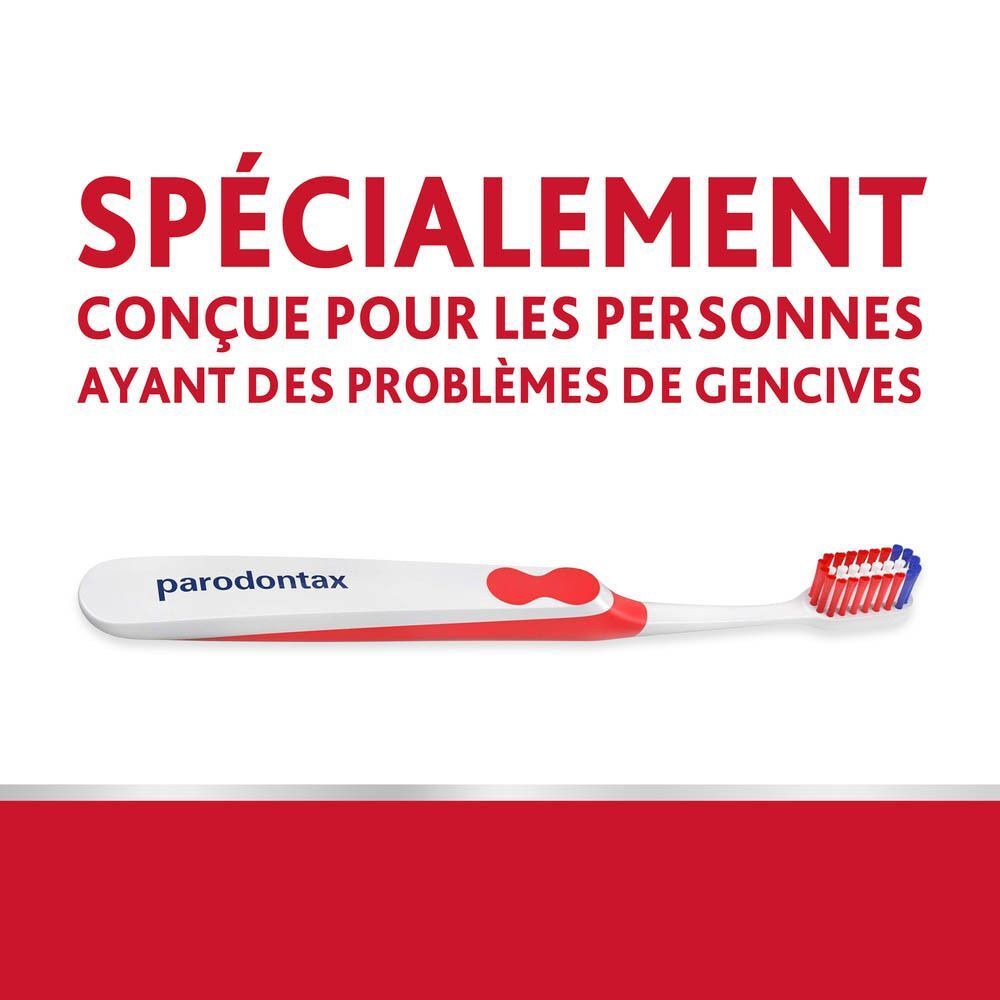Brosse à dents avec manche rouge. Marque : parodontax. Texte : Spécialement conçue pour les personnes ayant des problèmes de gencives.