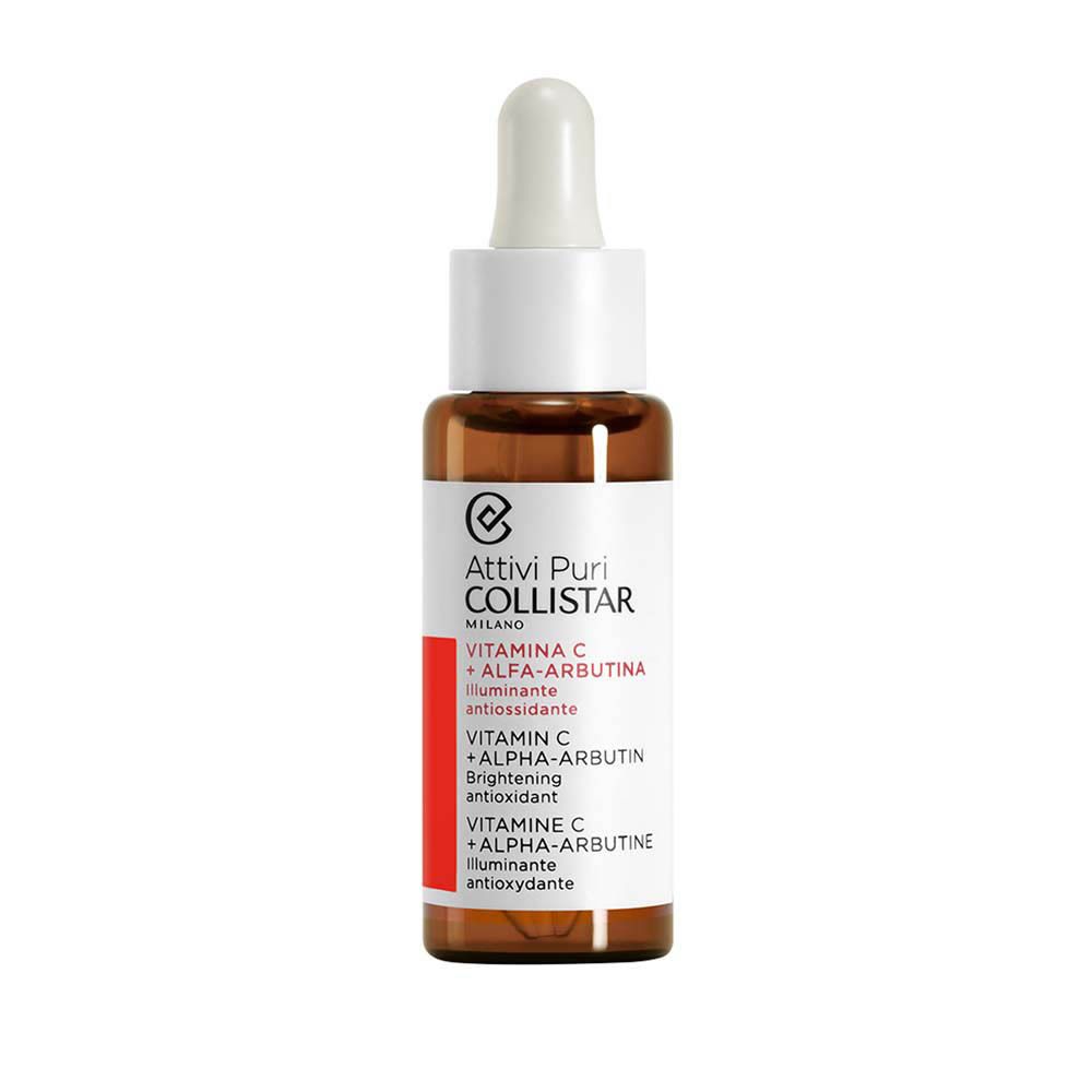 Flacon en verre brun avec bouchon blanc et pipette. Étiquette avec informations produit. Collistar.