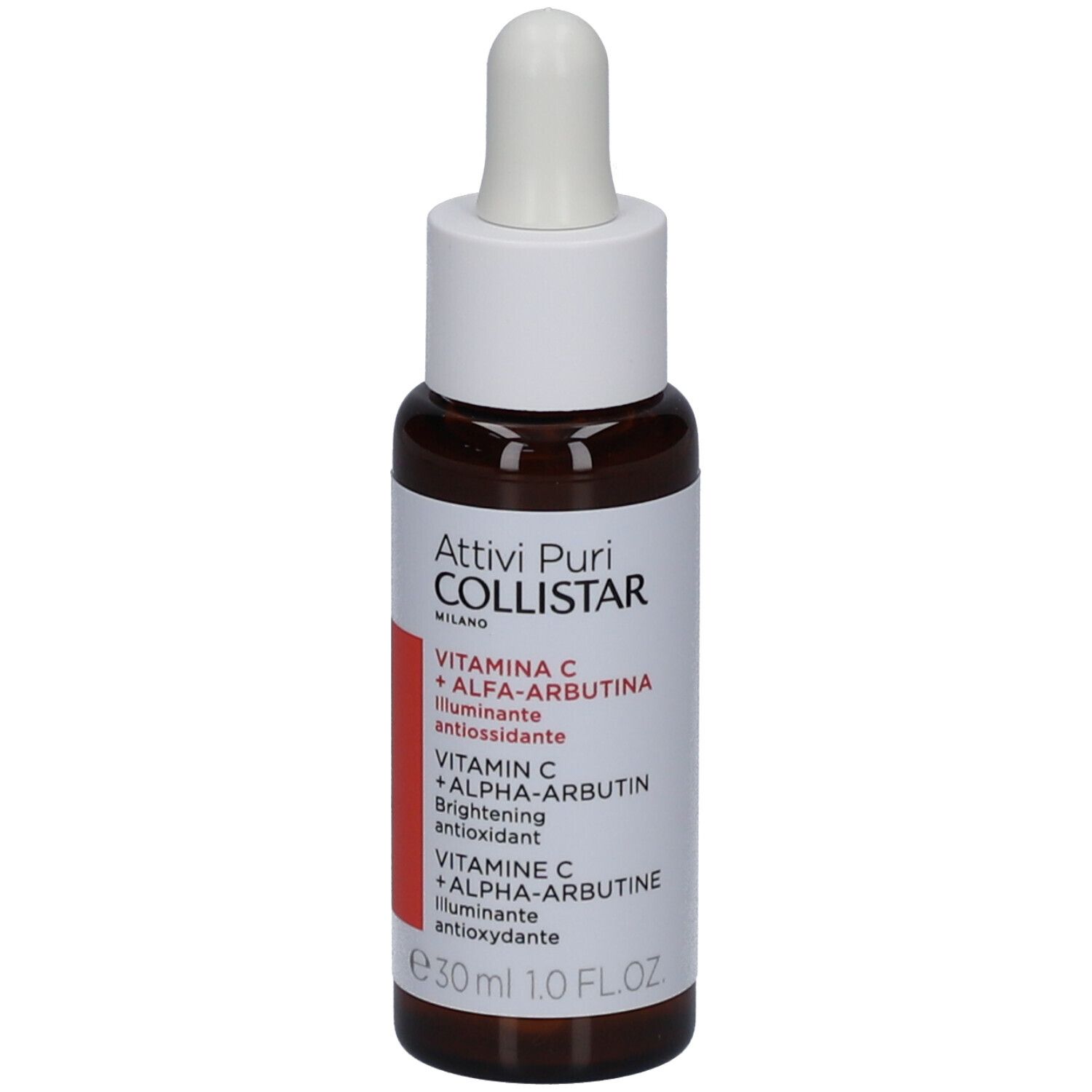 Flacon en verre brun avec bouchon blanc et pipette. Étiquette avec informations produit. Collistar.