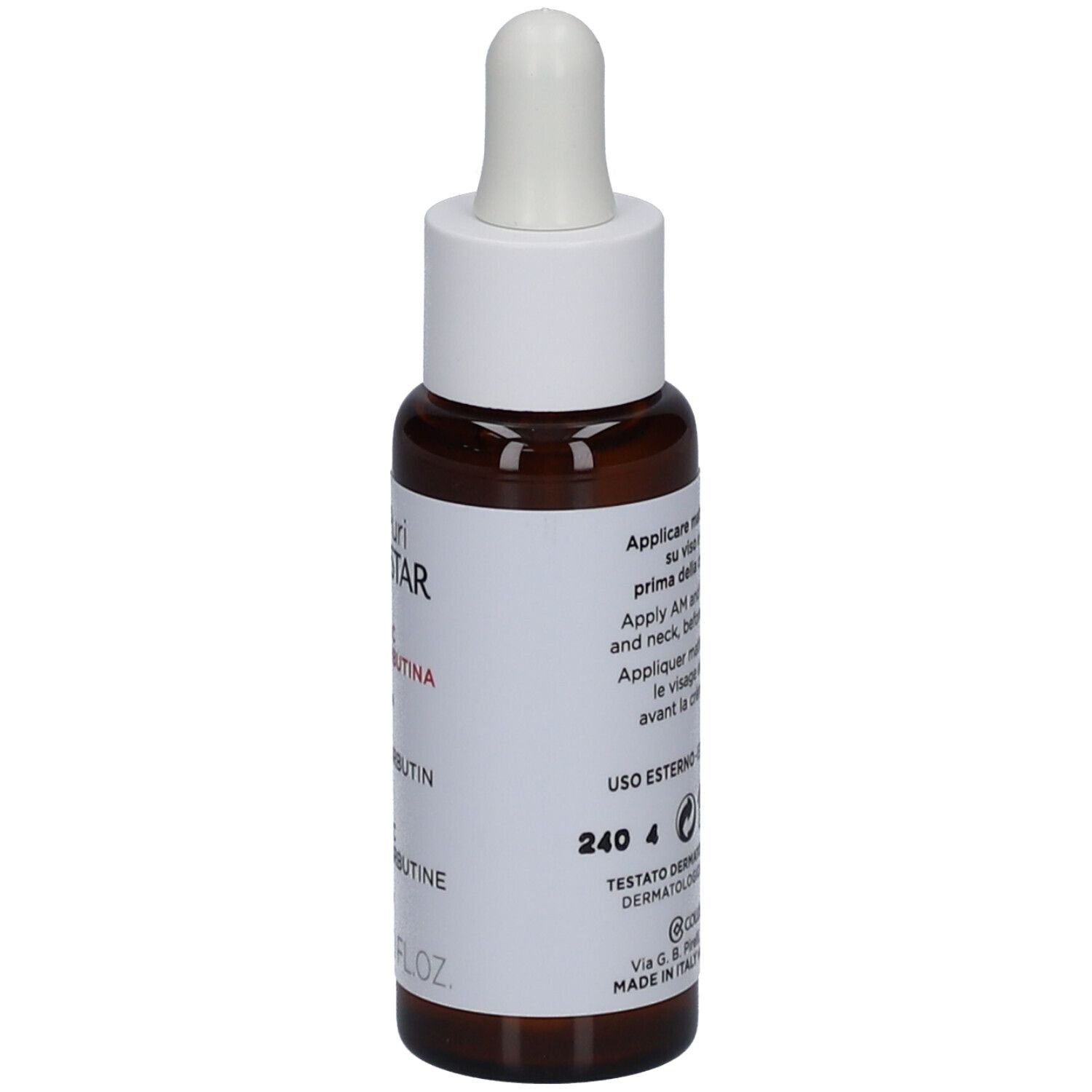 Flacon en verre brun avec bouchon blanc et pipette. Étiquette avec informations produit. Collistar.