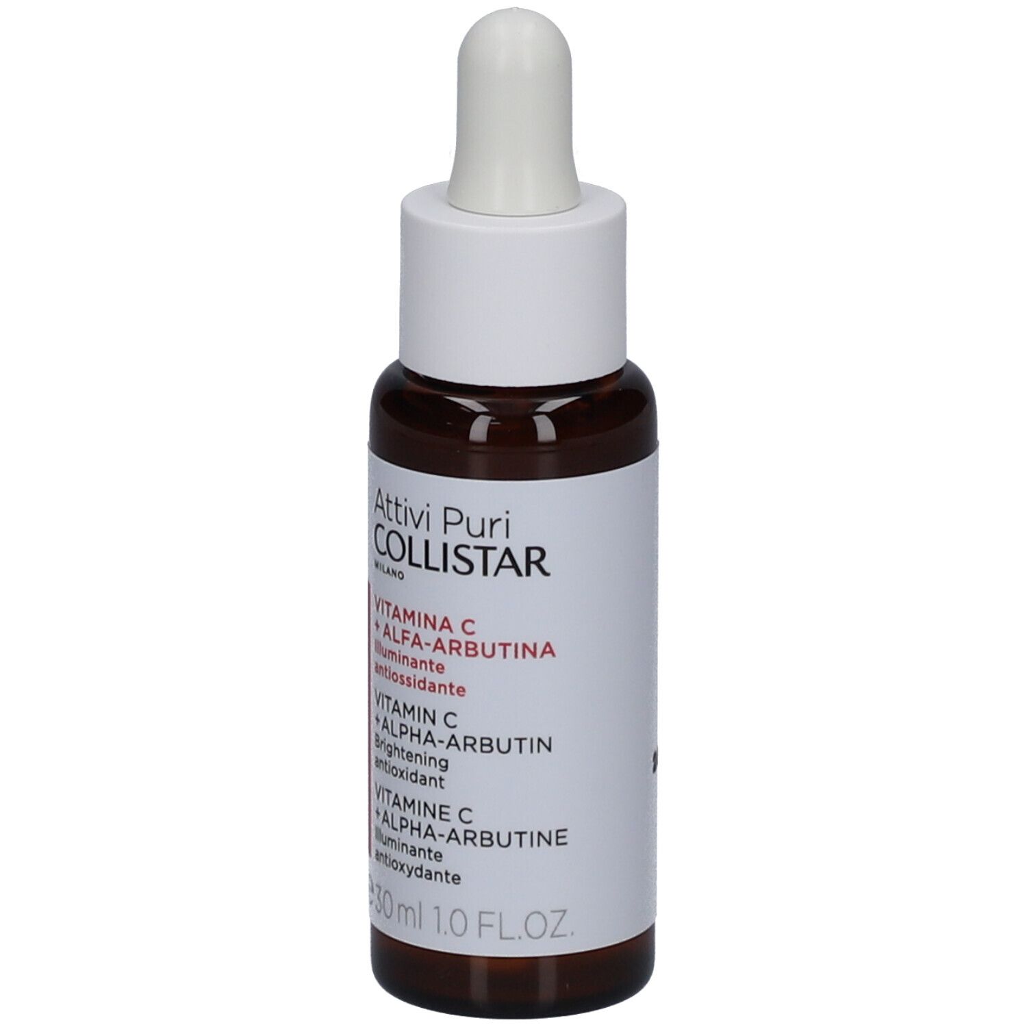 Flacon en verre brun avec bouchon blanc et pipette. Étiquette avec informations produit. Collistar.