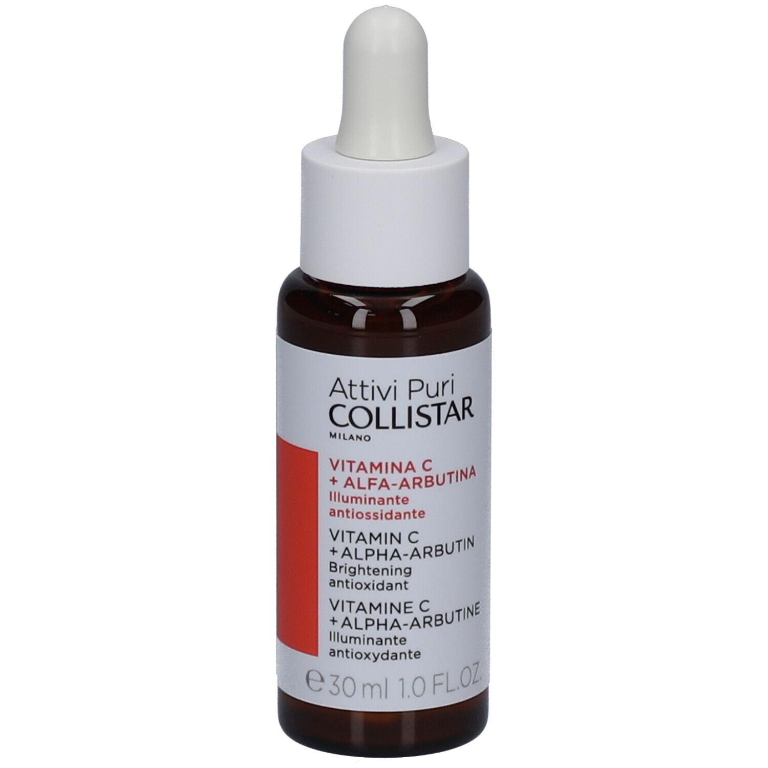 Flacon en verre brun avec bouchon blanc et pipette. Étiquette avec informations produit. Collistar.
