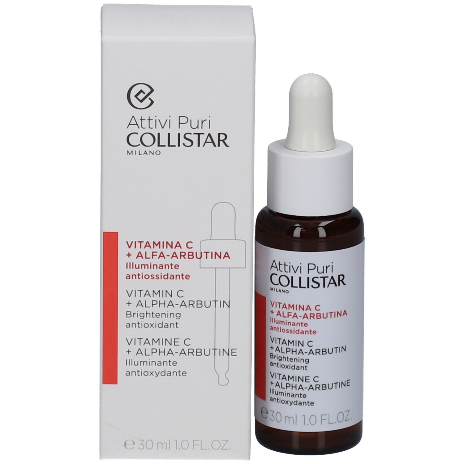 Flacon et emballage du produit. Boîte blanche avec image et texte du produit. Collistar.