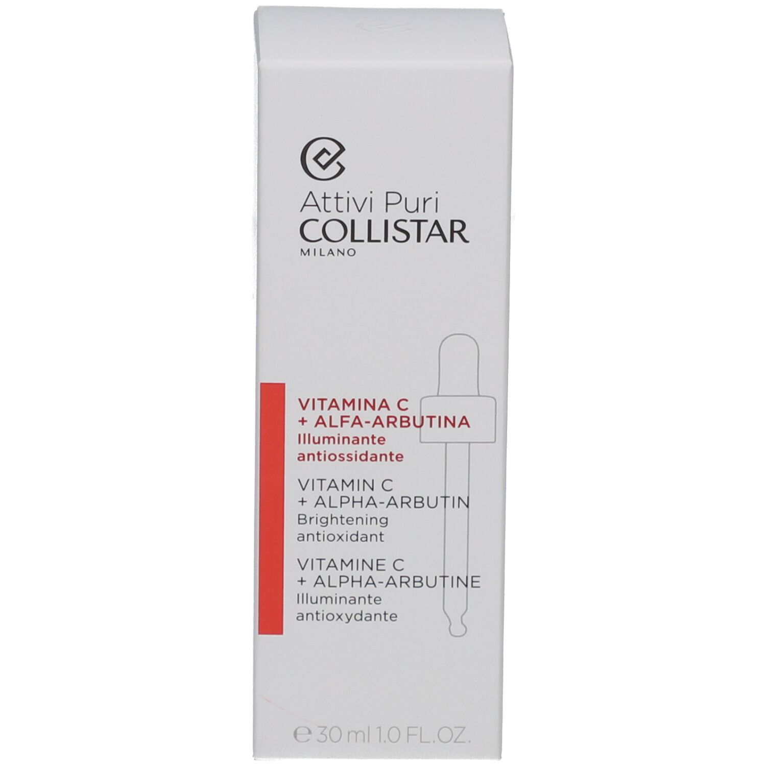 Emballage blanc avec image et texte du produit. Collistar.