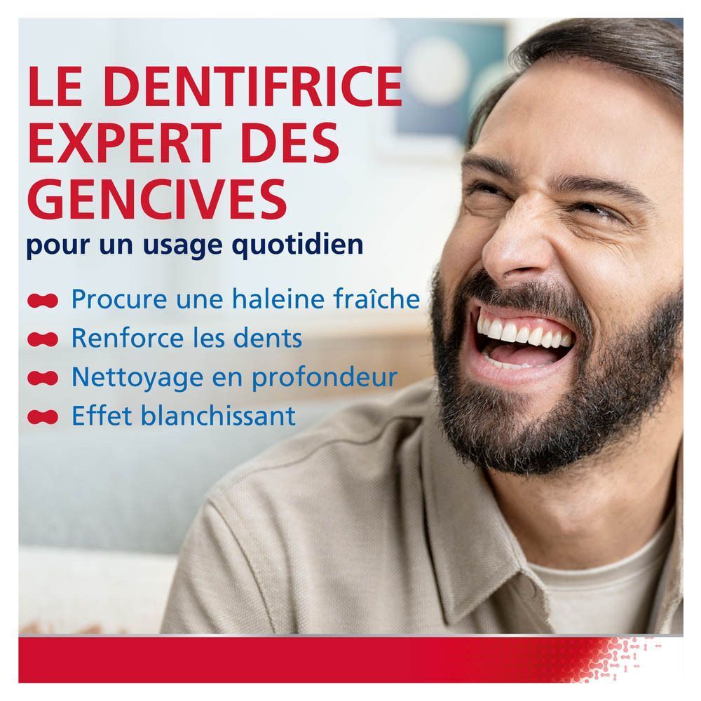 Un homme rit. Texte : Le dentifrice expert des gencives pour un usage quotidien. Avantages : haleine fraîche, etc.